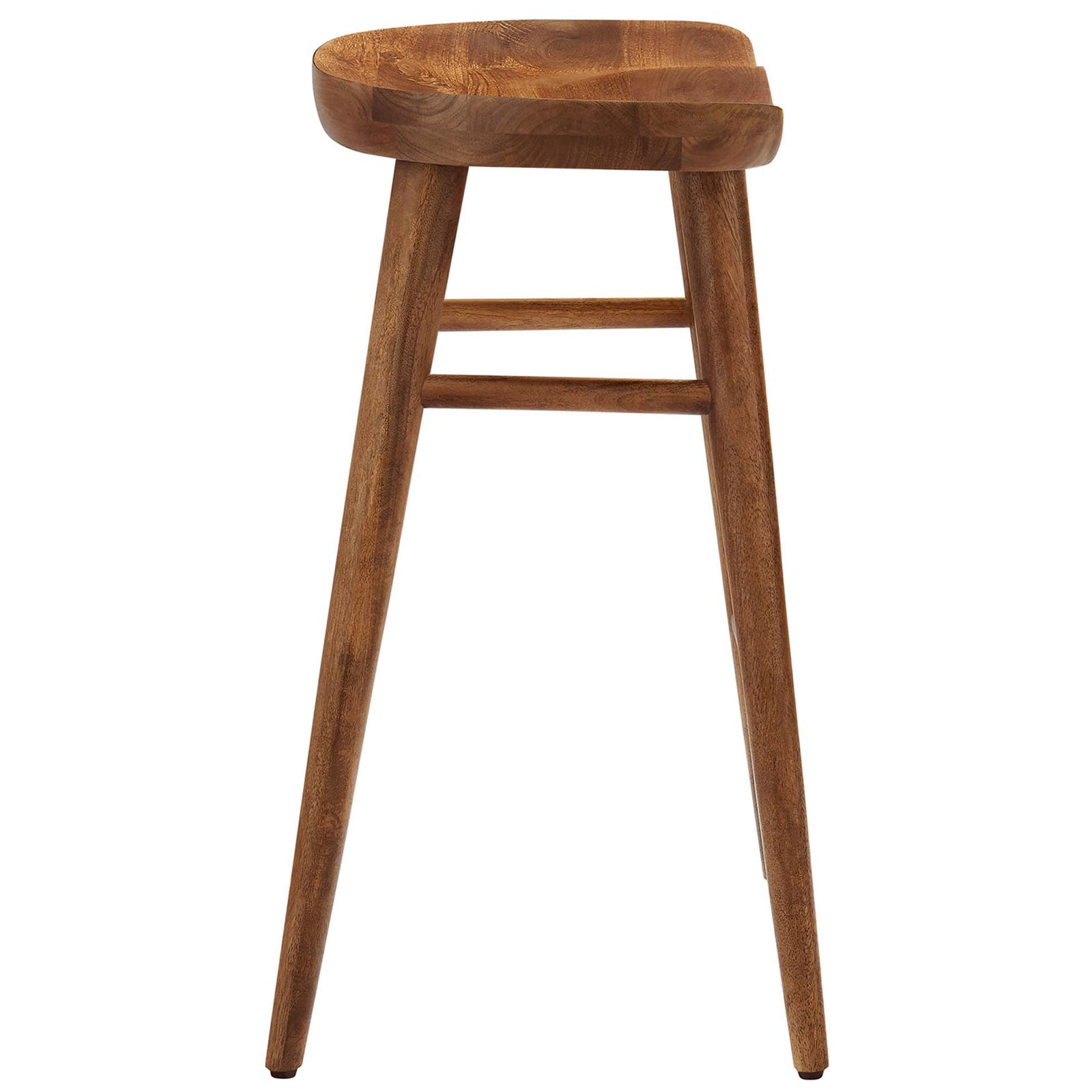 Solid wood counter stool highlighting the curved saddle seat and footrest stretcher || EEI-6739-WAL || side_studio