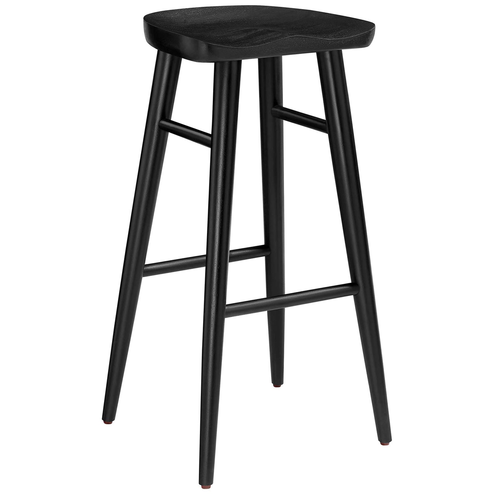 Backless bar stool with a contoured saddle seat and sleek black wood construction. || EEI-6740-BLK || front_angle_studio