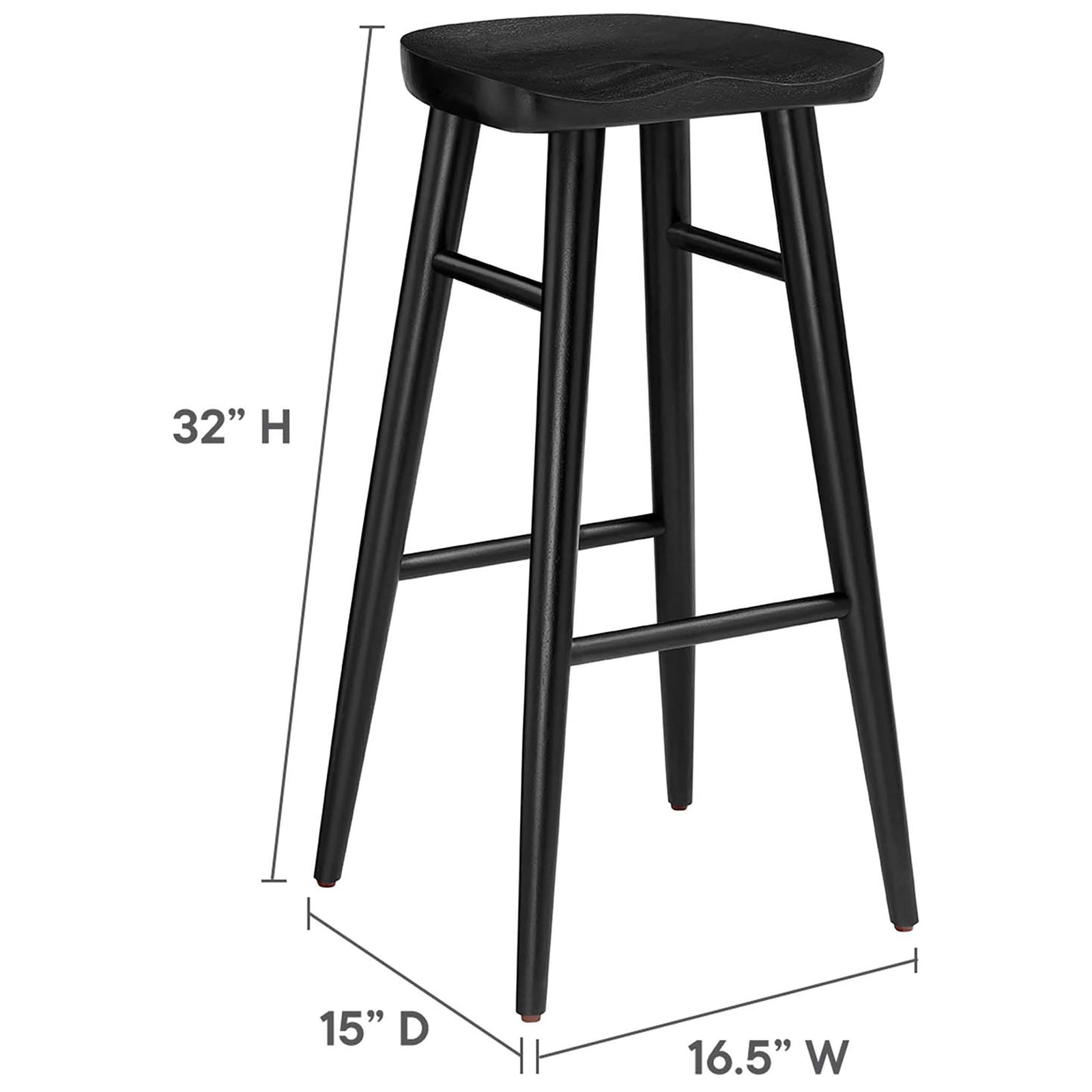 Dimensions for the bar-height stool: compact 15 by 16.5 inches with a 32-inch height. || EEI-6740-BLK || dimension_studio
