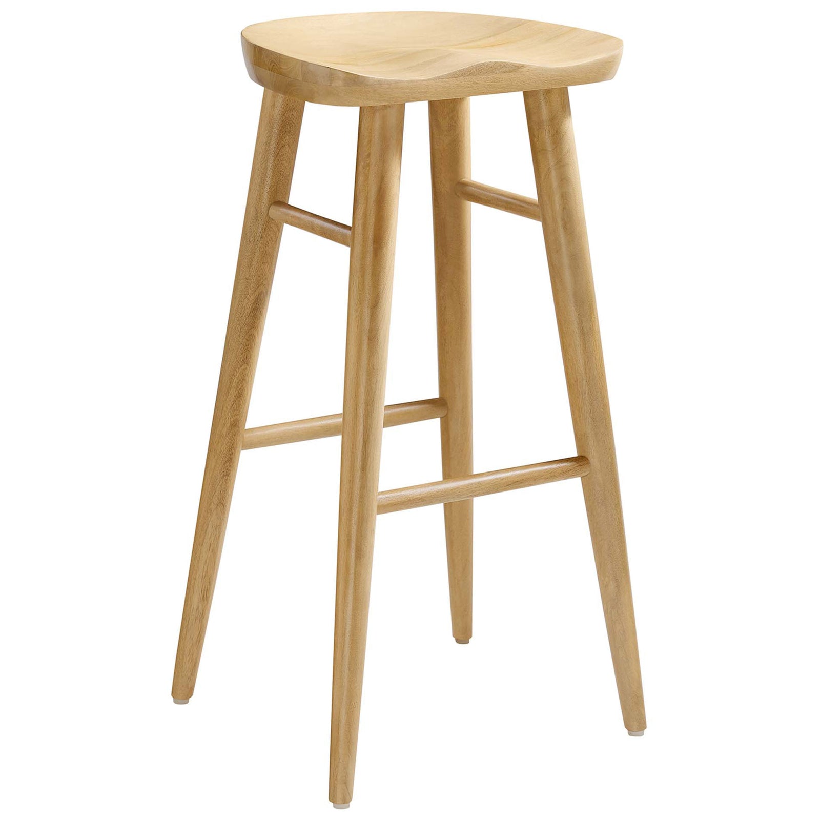 Bar-height stool with sculpted seat, splayed legs, and dual stretchers for support || EEI-6740-OAK || front_angle_studio