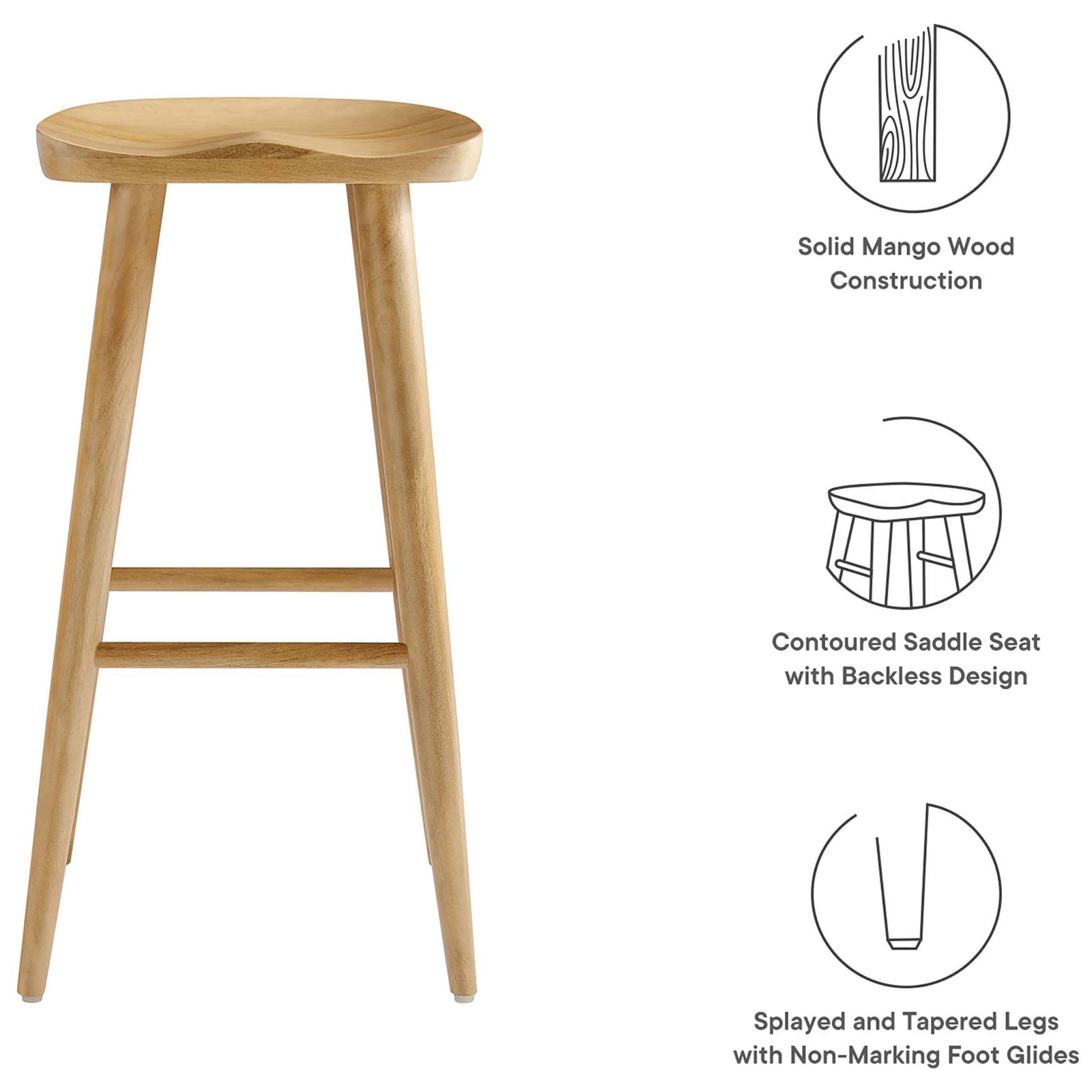 Key features: solid mango wood build, saddle seat, tapered legs, non-marking glides || EEI-6740-OAK || callout_studio