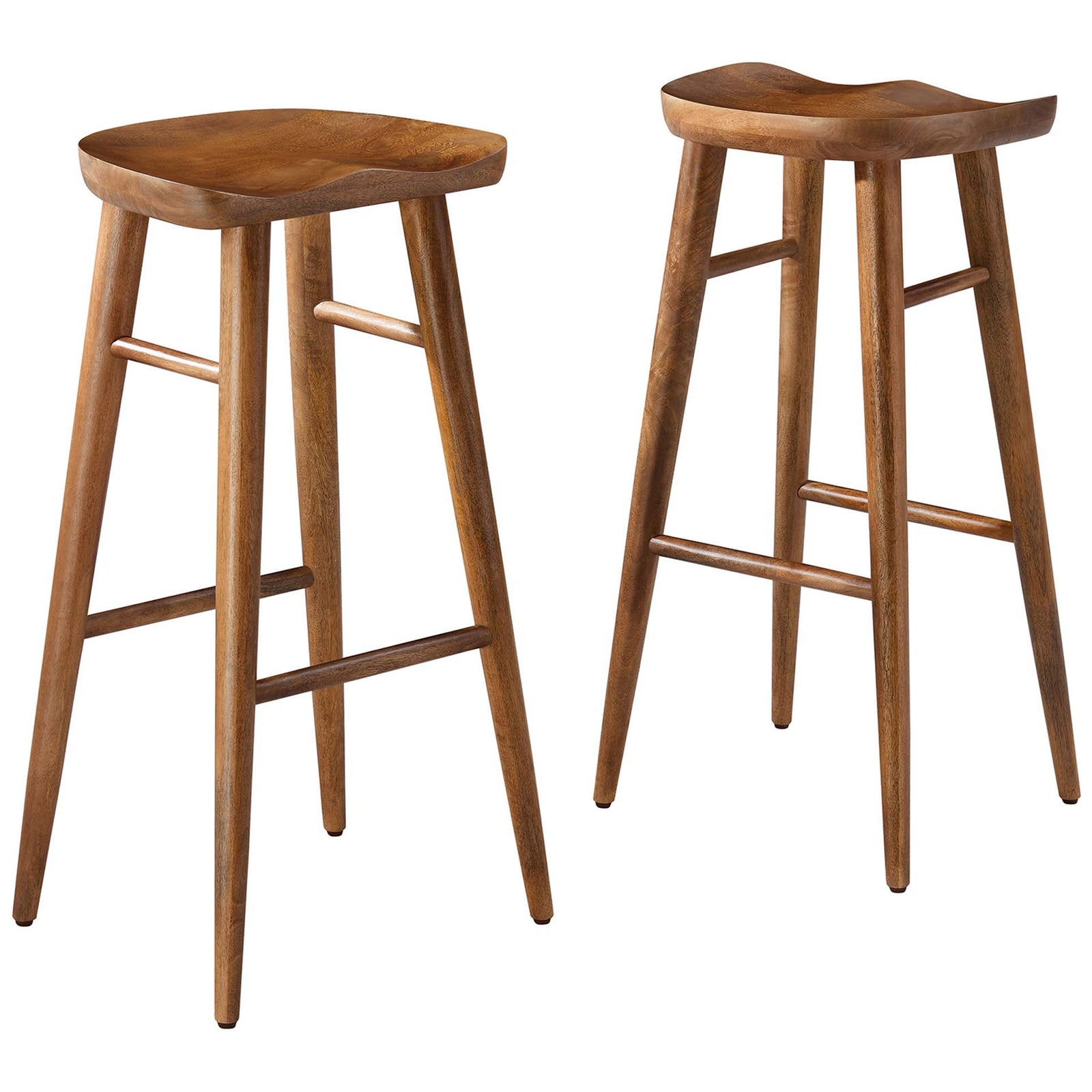 Pair of walnut mango wood bar stools with contoured saddle seats and tapered, splayed legs || EEI-6740-WAL || front_angle_multi_studio