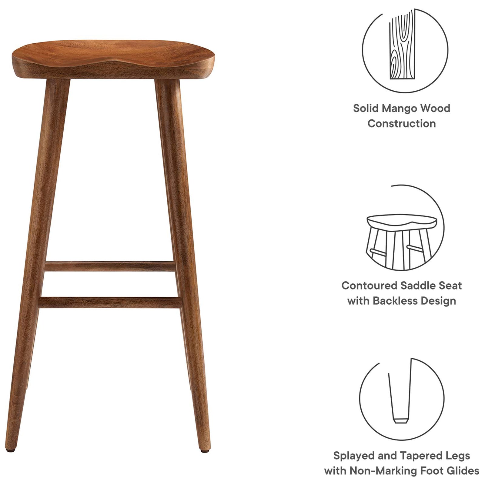 Solid mango wood build with backless saddle seat and non-marking foot glides || EEI-6740-WAL || callout_studio