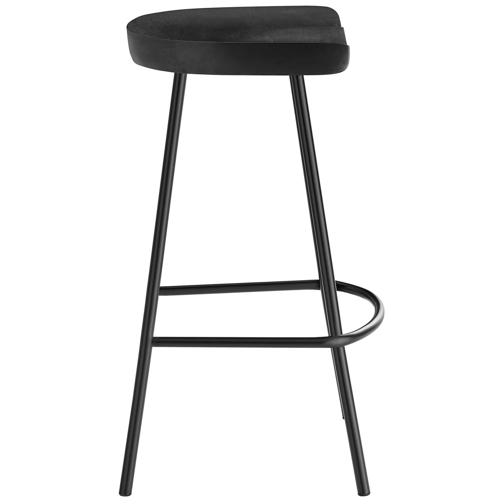 Slim counter stool in black with sculpted wood seat and tubular metal footrest || EEI-6741-BLK || side_studio