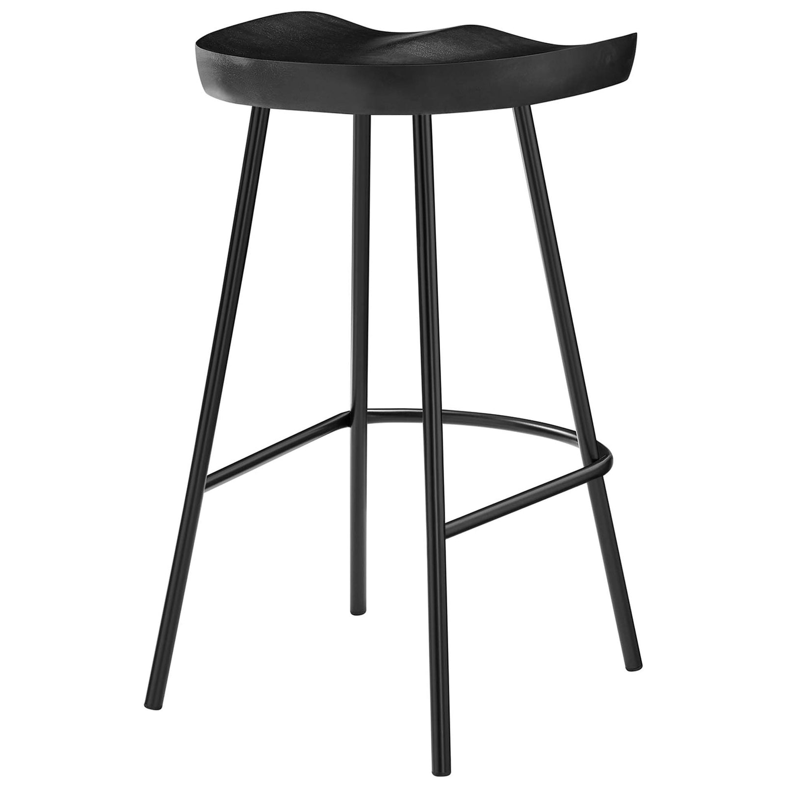 Backless counter stool featuring a curved wood seat and minimalist steel base || EEI-6741-BLK || back_angle_studio