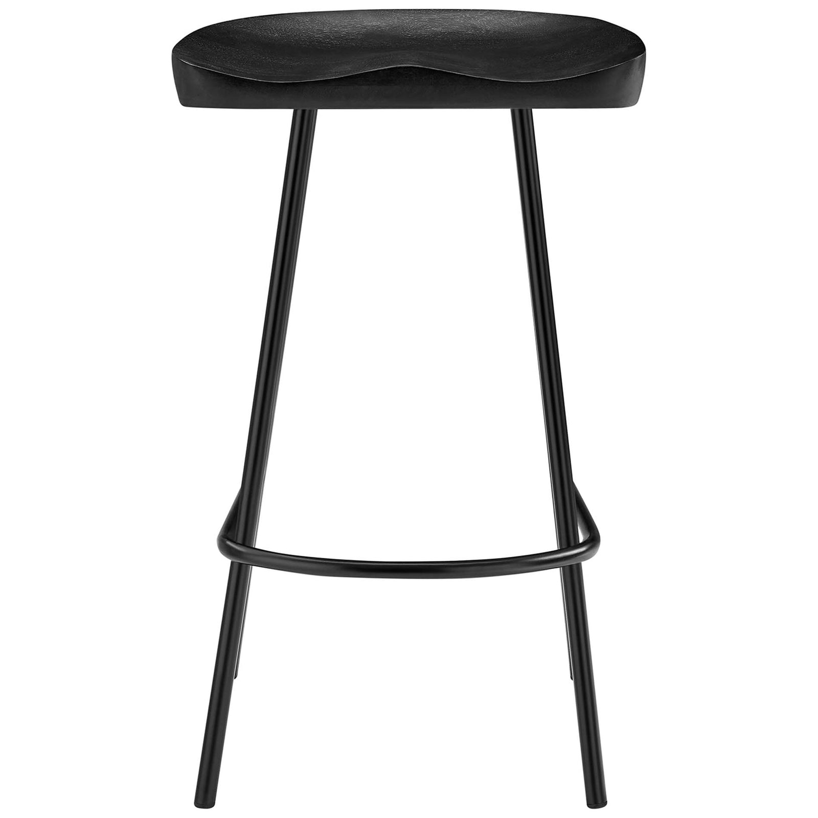 Black counter stool with contoured mango wood seat and rounded footrest || EEI-6741-BLK || front_studio