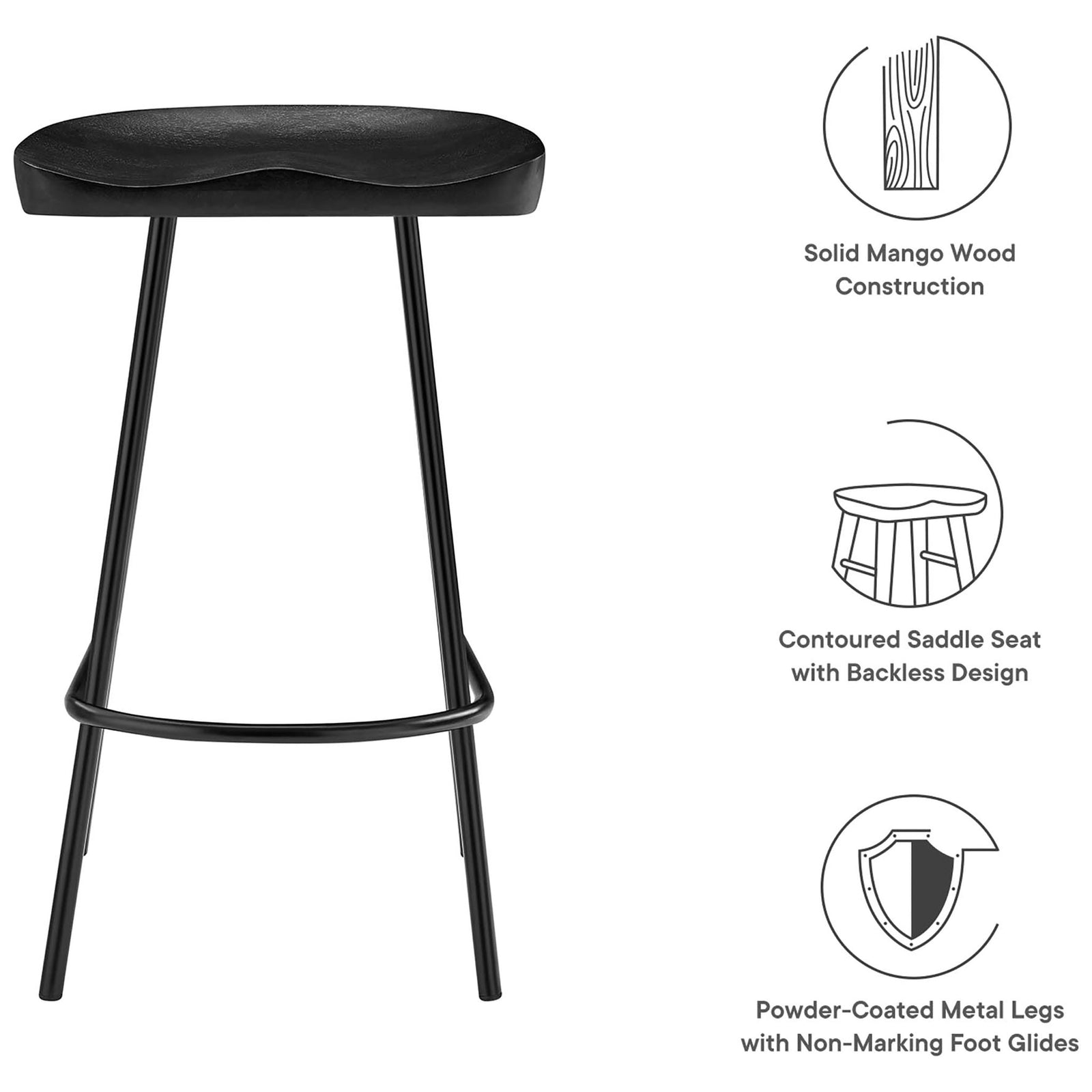 Highlights: solid mango wood, backless saddle seat, powder-coated legs, non-marking glides || EEI-6741-BLK || callout_studio