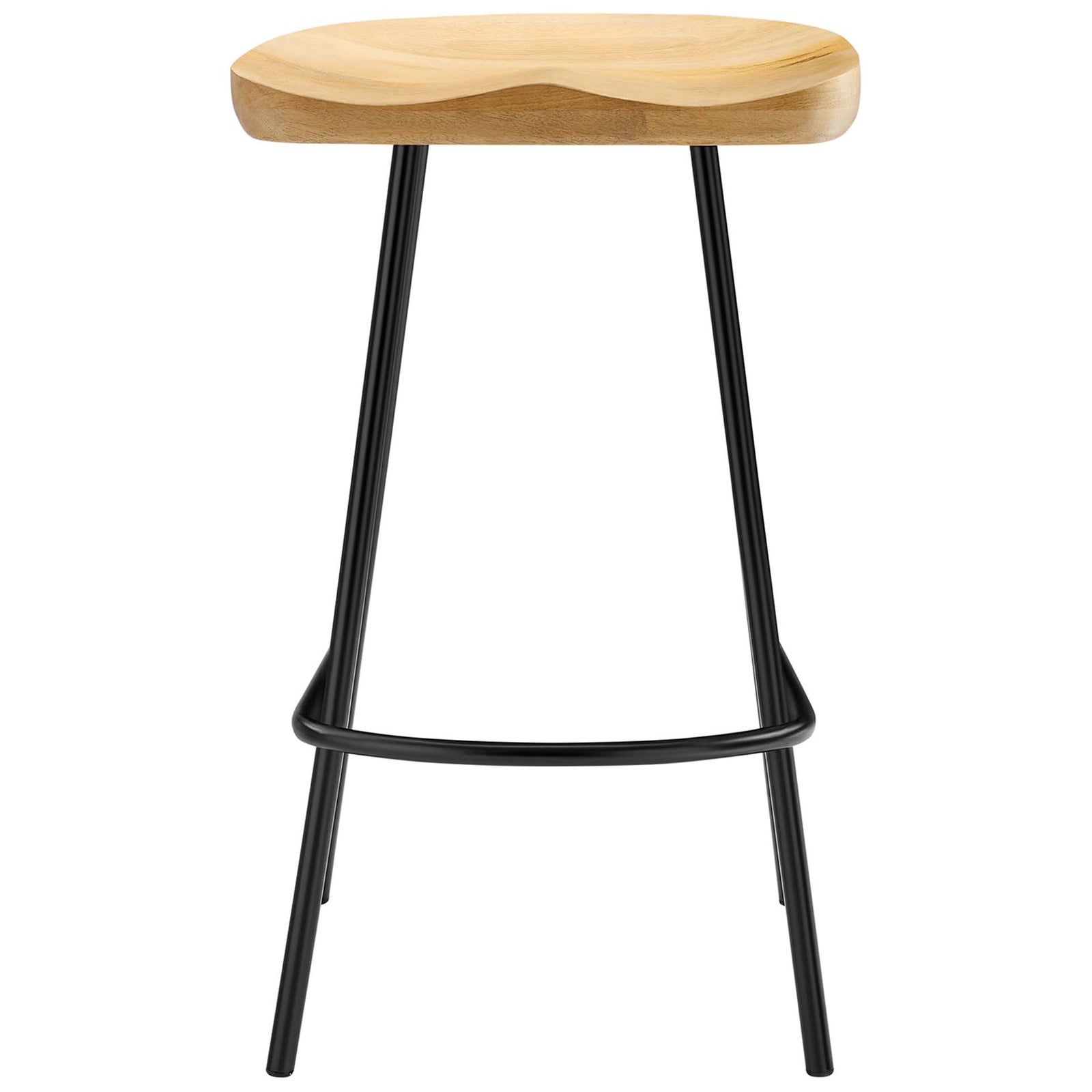 Backless mango wood counter stool with contoured saddle seat and black powder-coated metal legs || EEI-6741-OAK || front_studio