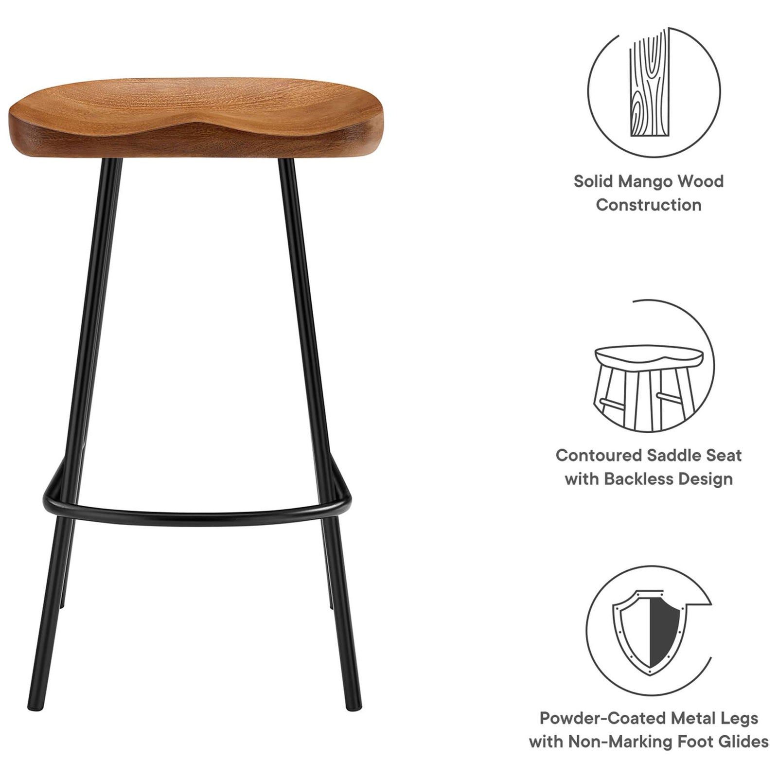 Key features include solid mango wood construction, contoured saddle seat, and non-marking glides || EEI-6741-WAL || callout_studio
