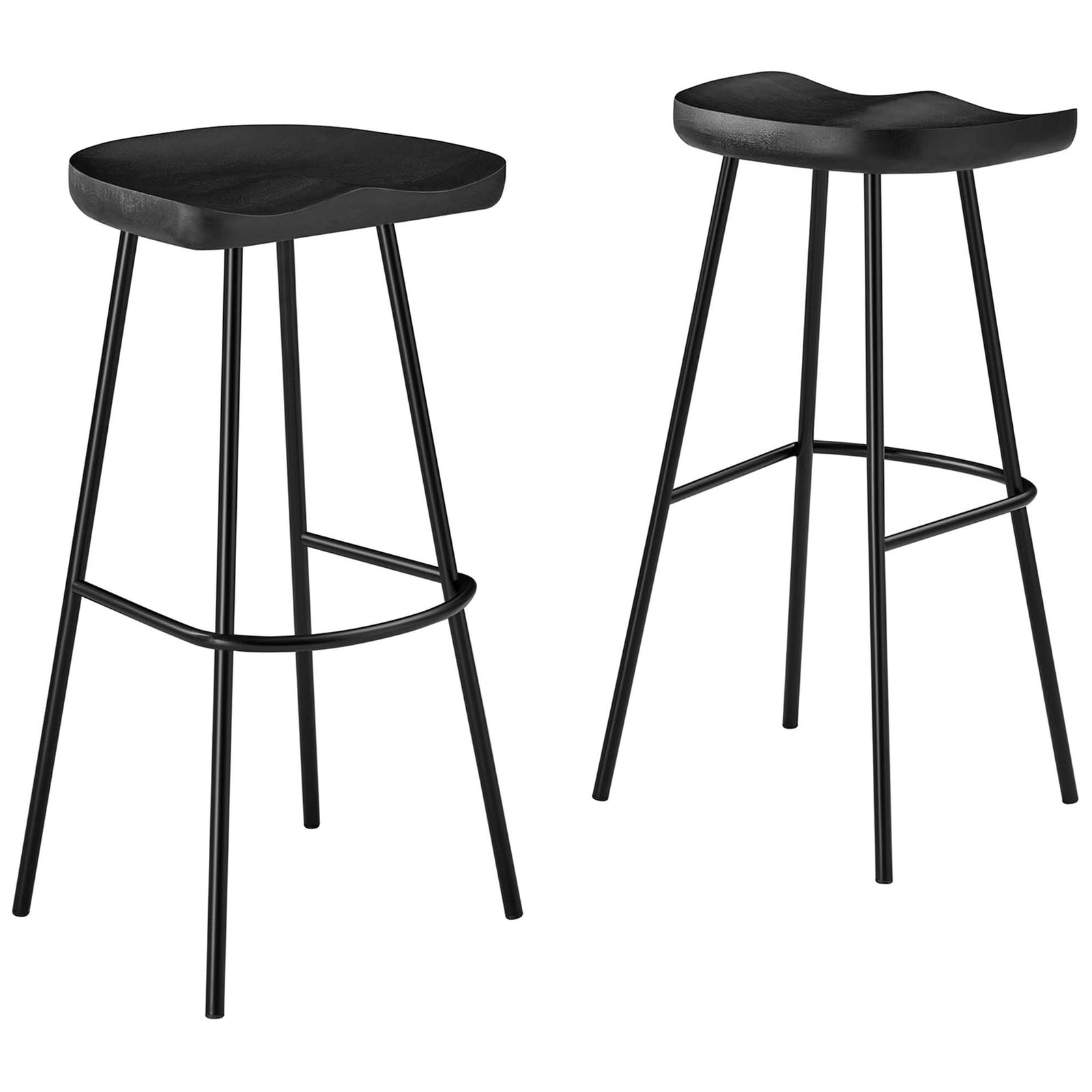 Pair of black mango wood bar stools with contoured saddle seats and rounded metal footrests || EEI-6742-BLK || front_angle_multi_studio