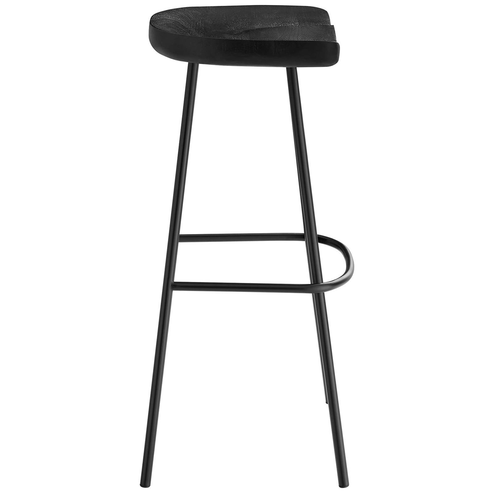 Slim bar stool in black with sculpted wood seat and tubular metal footrest || EEI-6742-BLK || side_studio