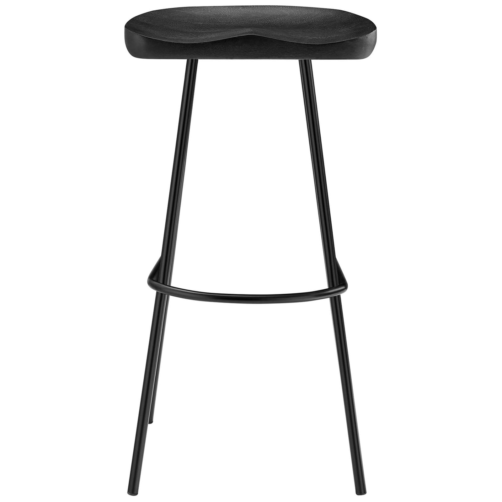 Black bar stool with contoured mango wood seat and rounded footrest || EEI-6742-BLK || front_studio