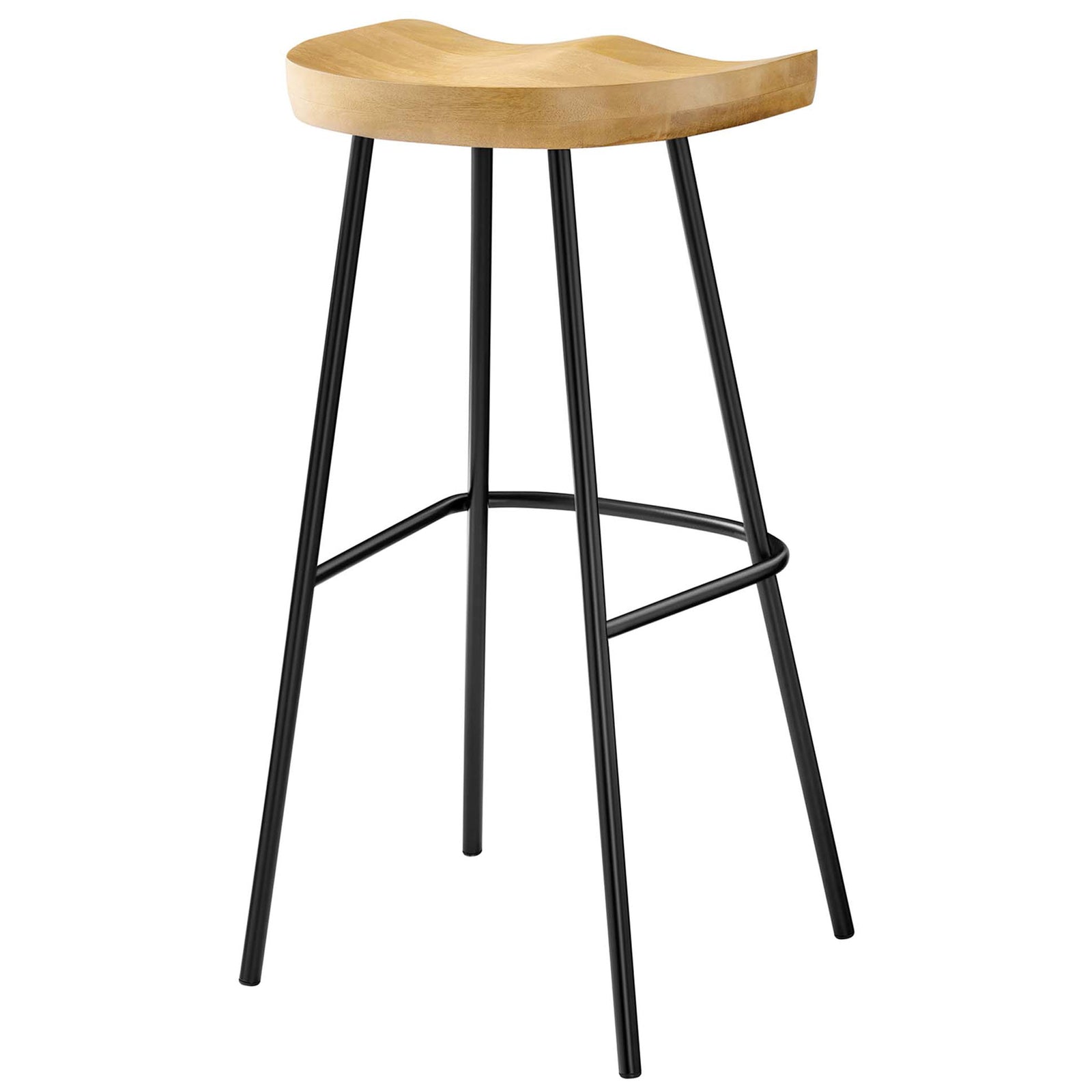Saddle seat shows its ergonomic curve above sturdy black legs and an integrated footrest || EEI-6742-OAK || back_angle_studio