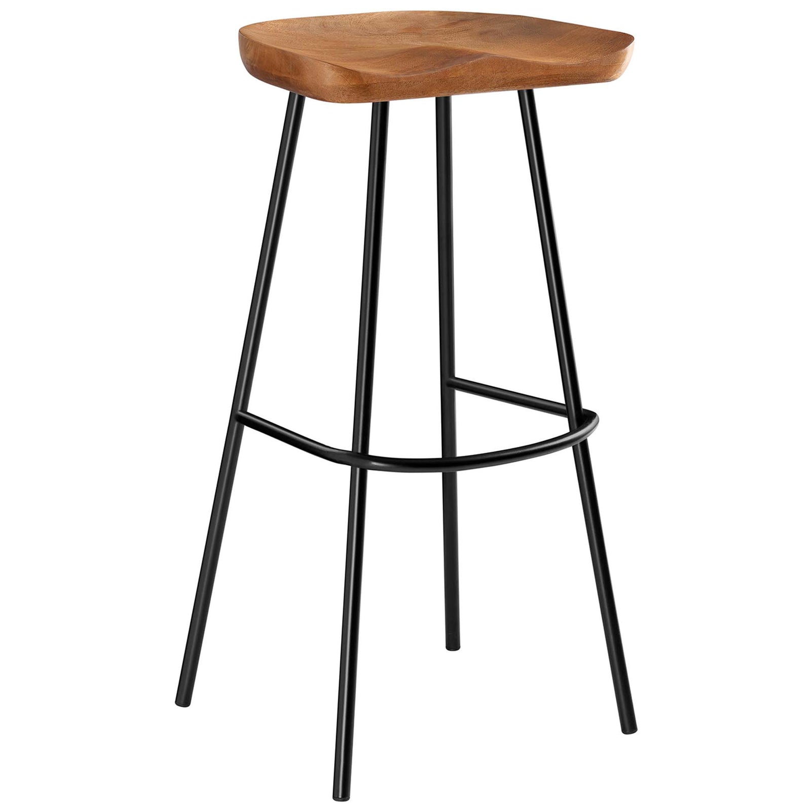 Sleek bar-height stool with a sculpted mango wood seat and a curved metal footrest || EEI-6742-WAL || front_angle_studio