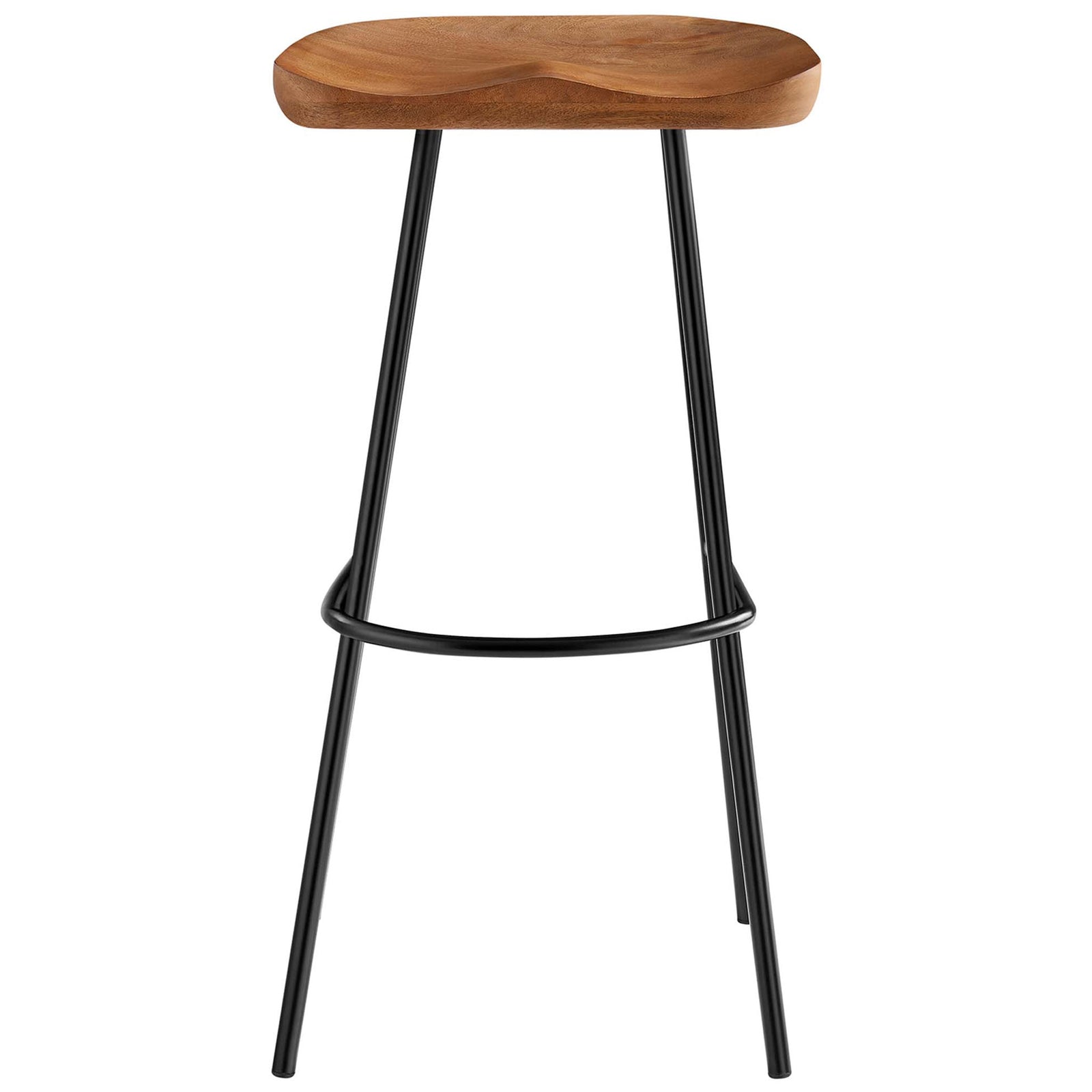 Backless bar stool with a walnut mango wood saddle seat and black powder-coated metal legs || EEI-6742-WAL || front_studio