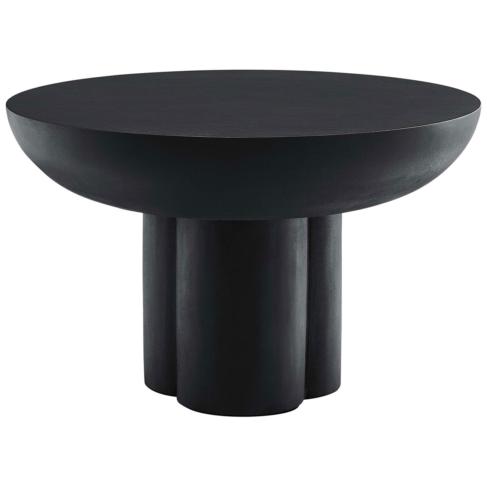 Round black coffee table with sculptural trefoil pedestal and textured concrete overlay || EEI-6760-BLK || front_studio
