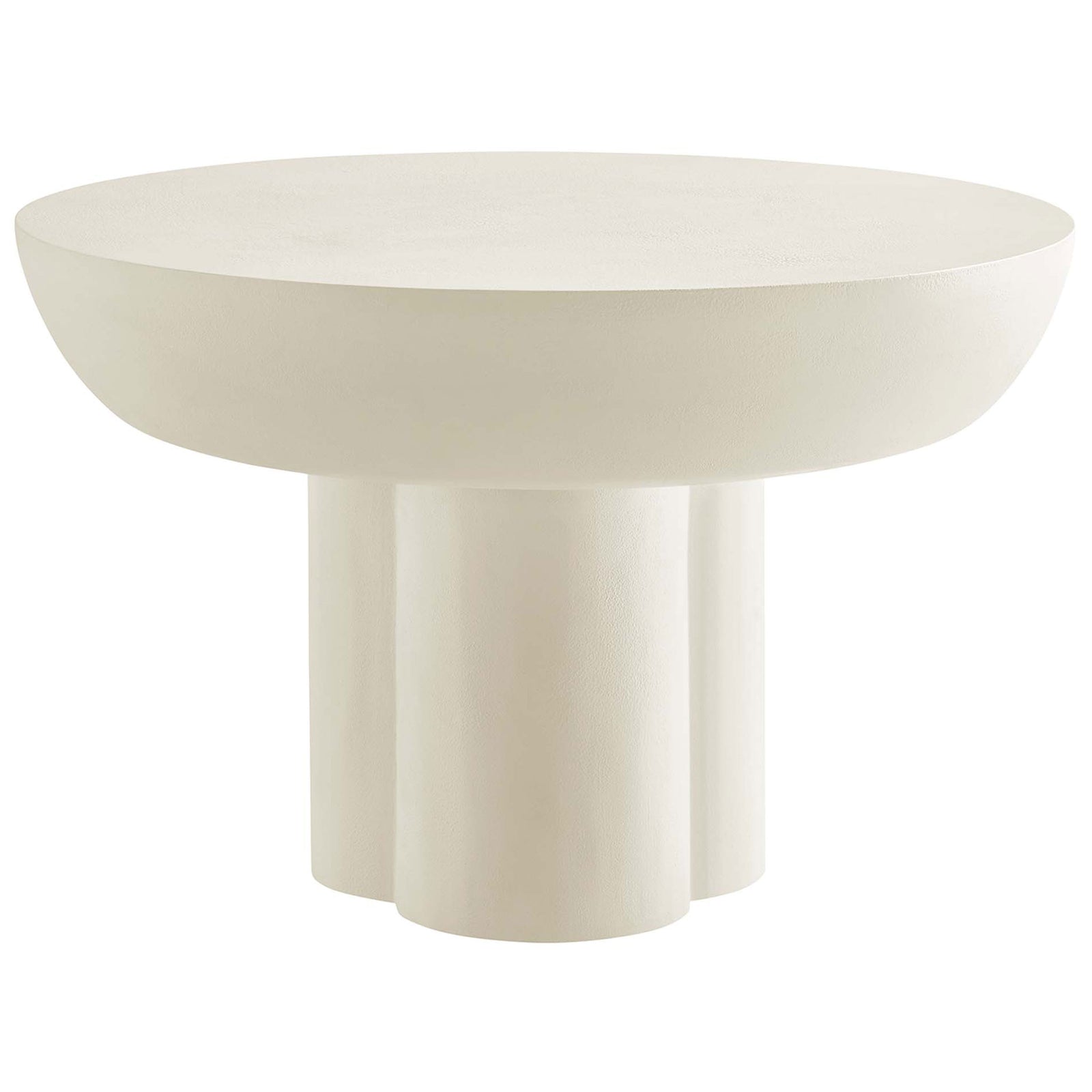 Round white coffee table with sculptural trefoil pedestal and a thick, textured concrete-look top || EEI-6760-WHI || front_studio