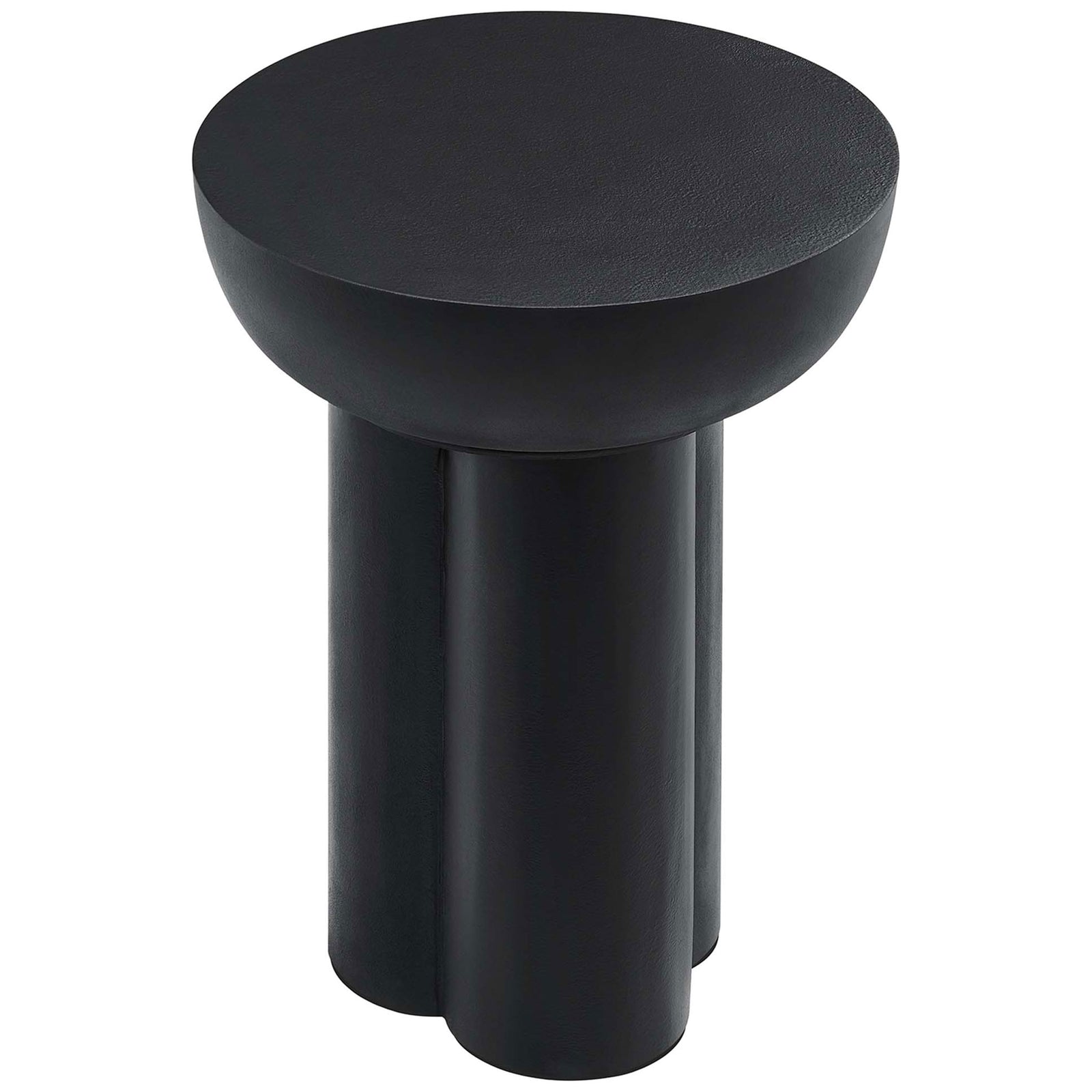 Compact black circular side table with concrete overlay and sculpted drum style base || EEI-6761-BLK || front_angle_studio
