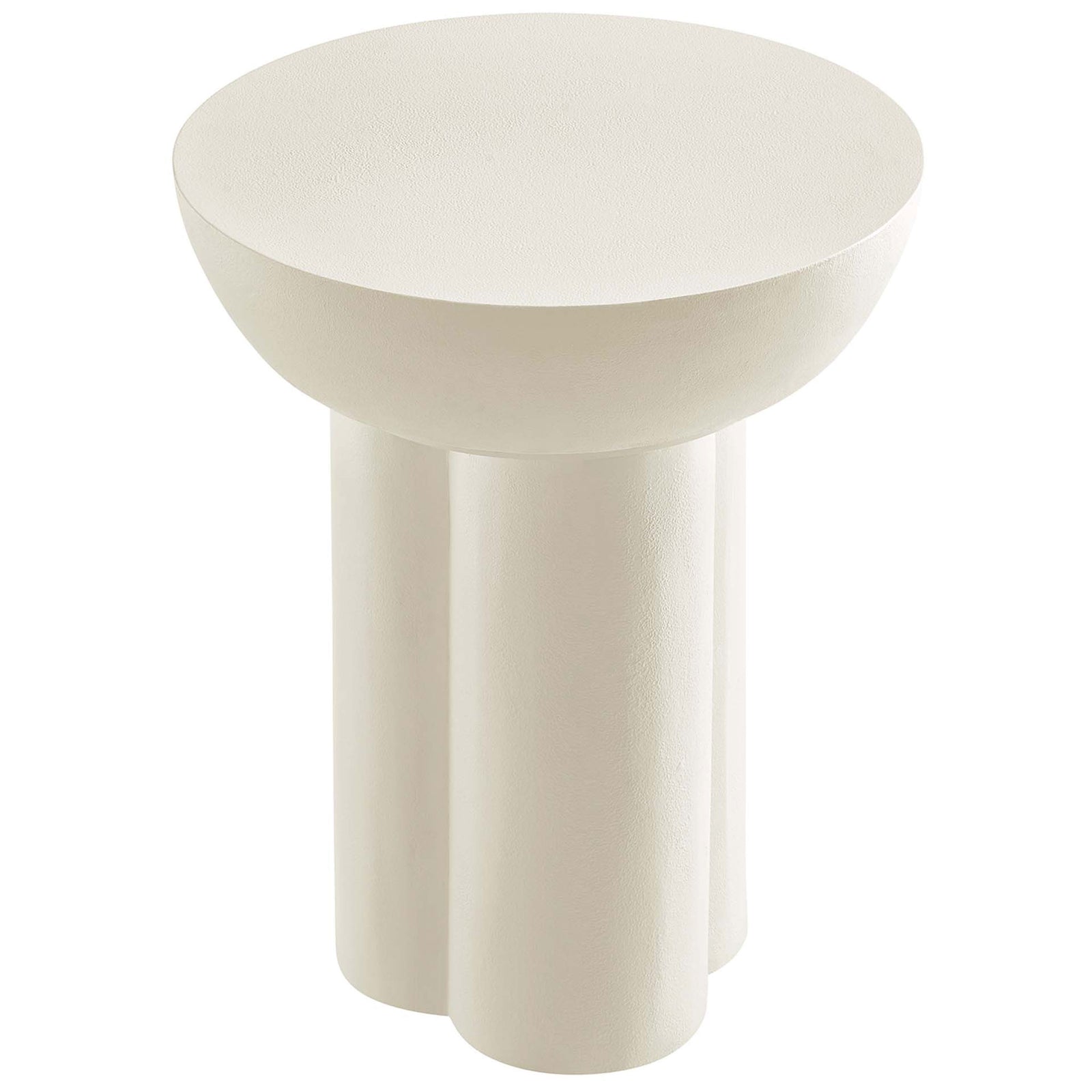 Compact white round side table with concrete-style top and smooth trefoil pedestal base for modern spaces || EEI-6761-WHI || front_angle_studio