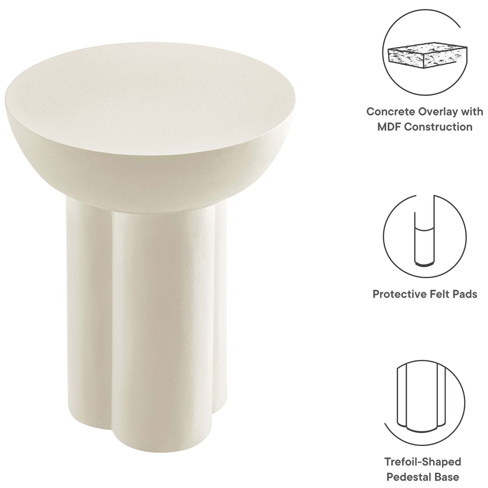 White concrete-style side table with concrete overlay, protective felt pads, and trefoil pedestal base || EEI-6761-WHI || callout_studio