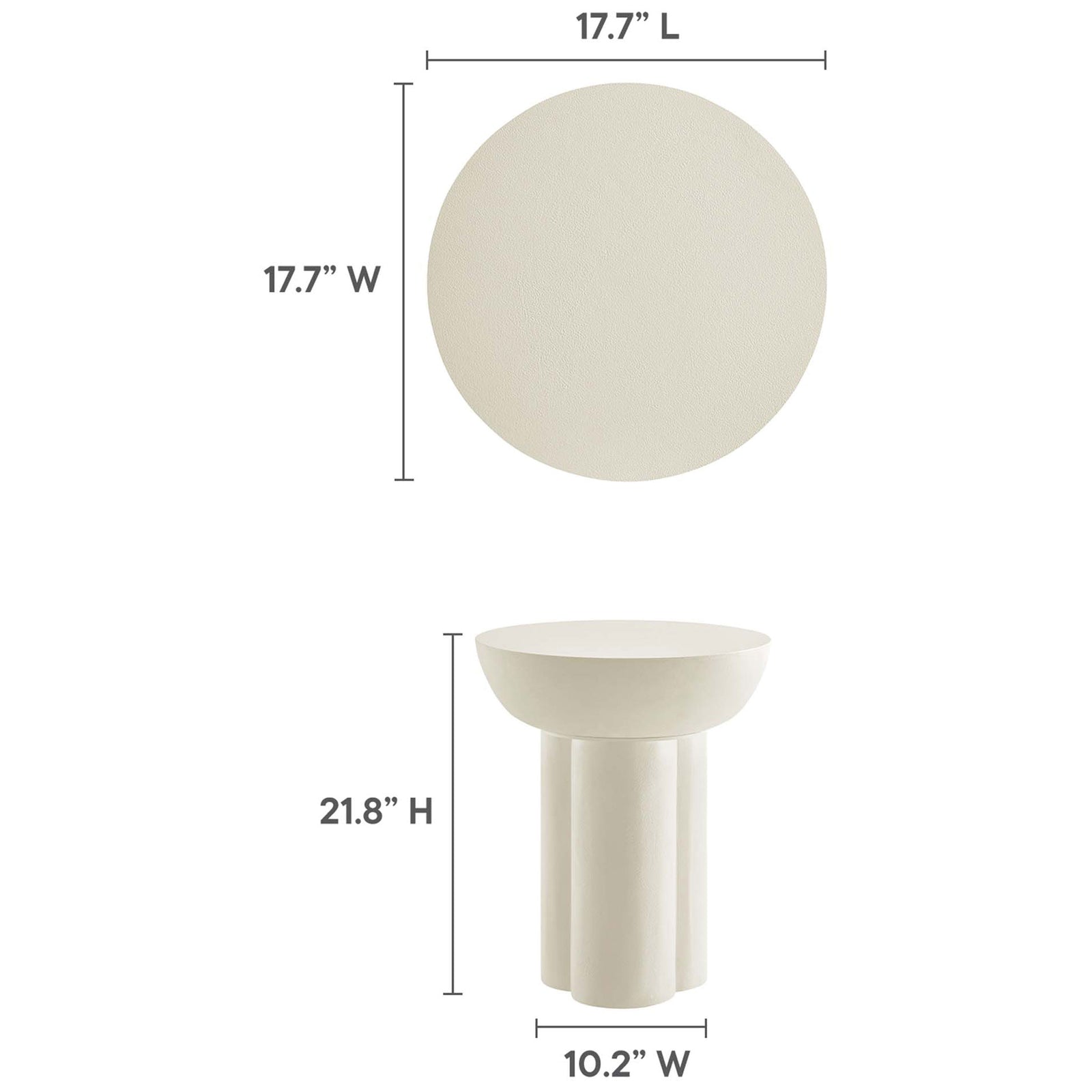 Caspian round side table shown with top and height measurements for easy fit in your living room or bedroom || EEI-6761-WHI || dimension_studio