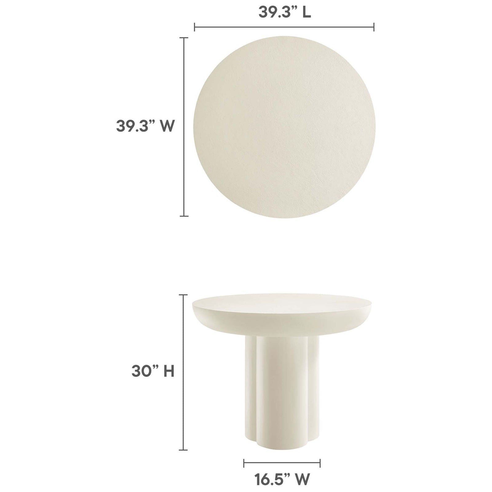 Dimensions of the Caspian 40 inch round dining table showing tabletop diameter, height, and trefoil base width || EEI-6762-WHI || dimension_studio