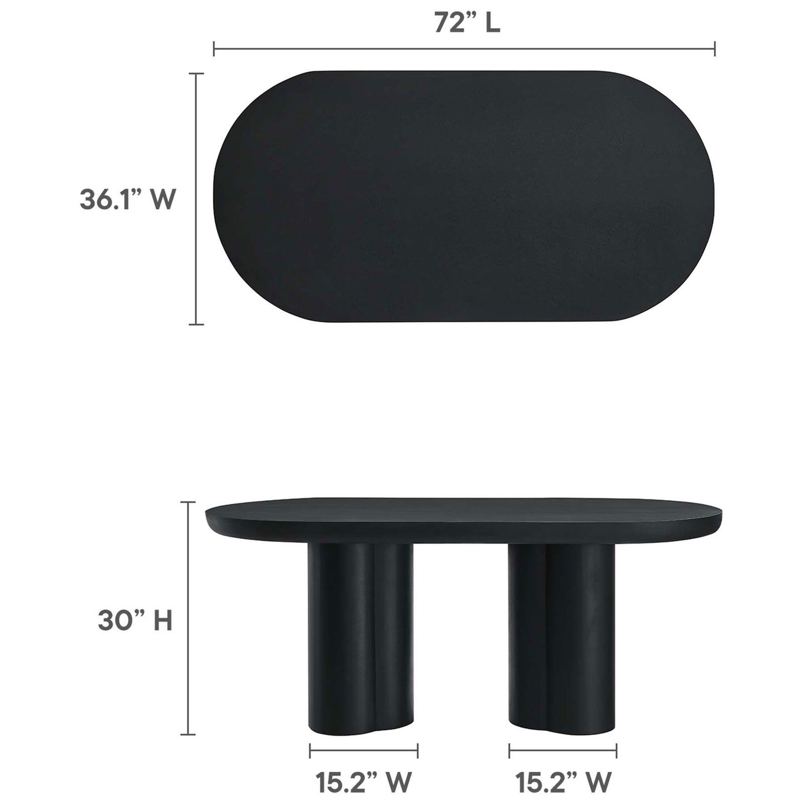 Dimension diagram showing table length, width, height, and pedestal spacing || EEI-6764-BLK || dimension_studio