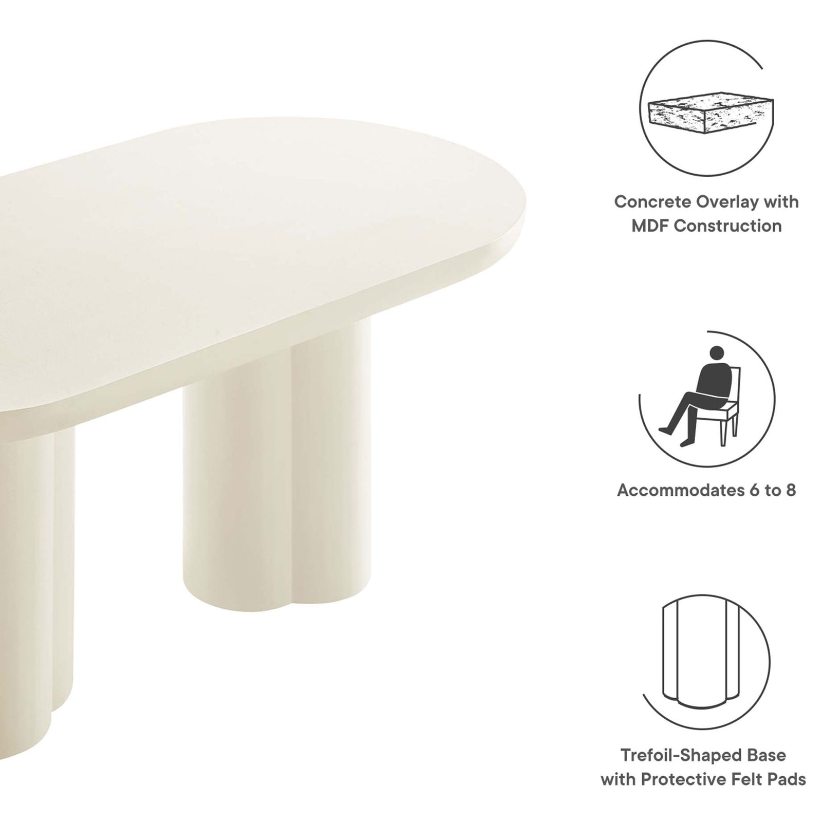 Feature icons highlighting concrete overlay, seating capacity, and protective felt pads || EEI-6764-WHI || callout_studio