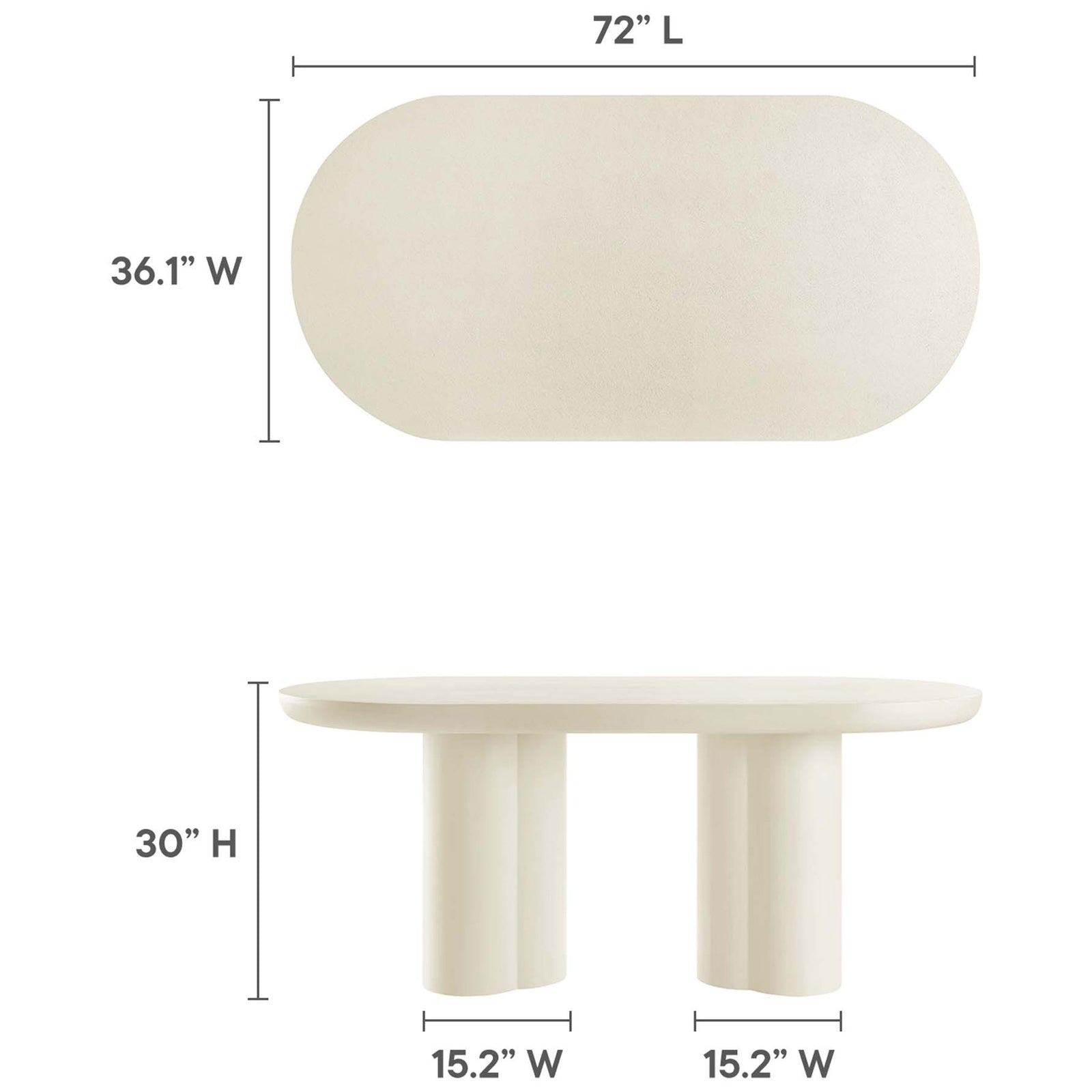 Caspian oval dining table dimensions with length, width, height, and pedestal spacing || EEI-6764-WHI || dimension_studio
