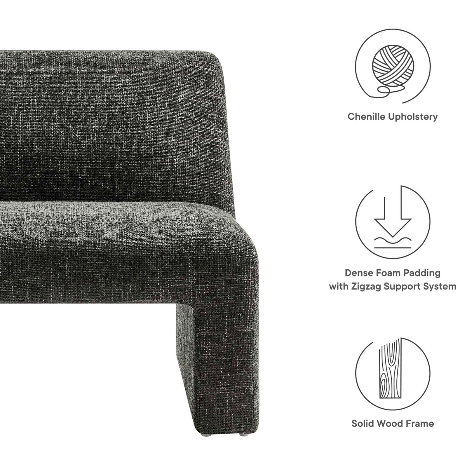 Feature highlights: chenille upholstery, dense foam with zigzag support, solid wood frame || EEI-6765-CAR || callout_studio