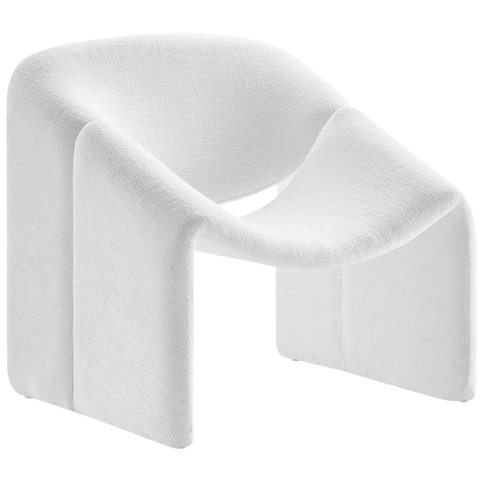 Curved barrel chair wrapped in textured frost chenille, showcasing its airy cutout and soft waterfall sides || EEI-6767-FRO || front_angle_studio
