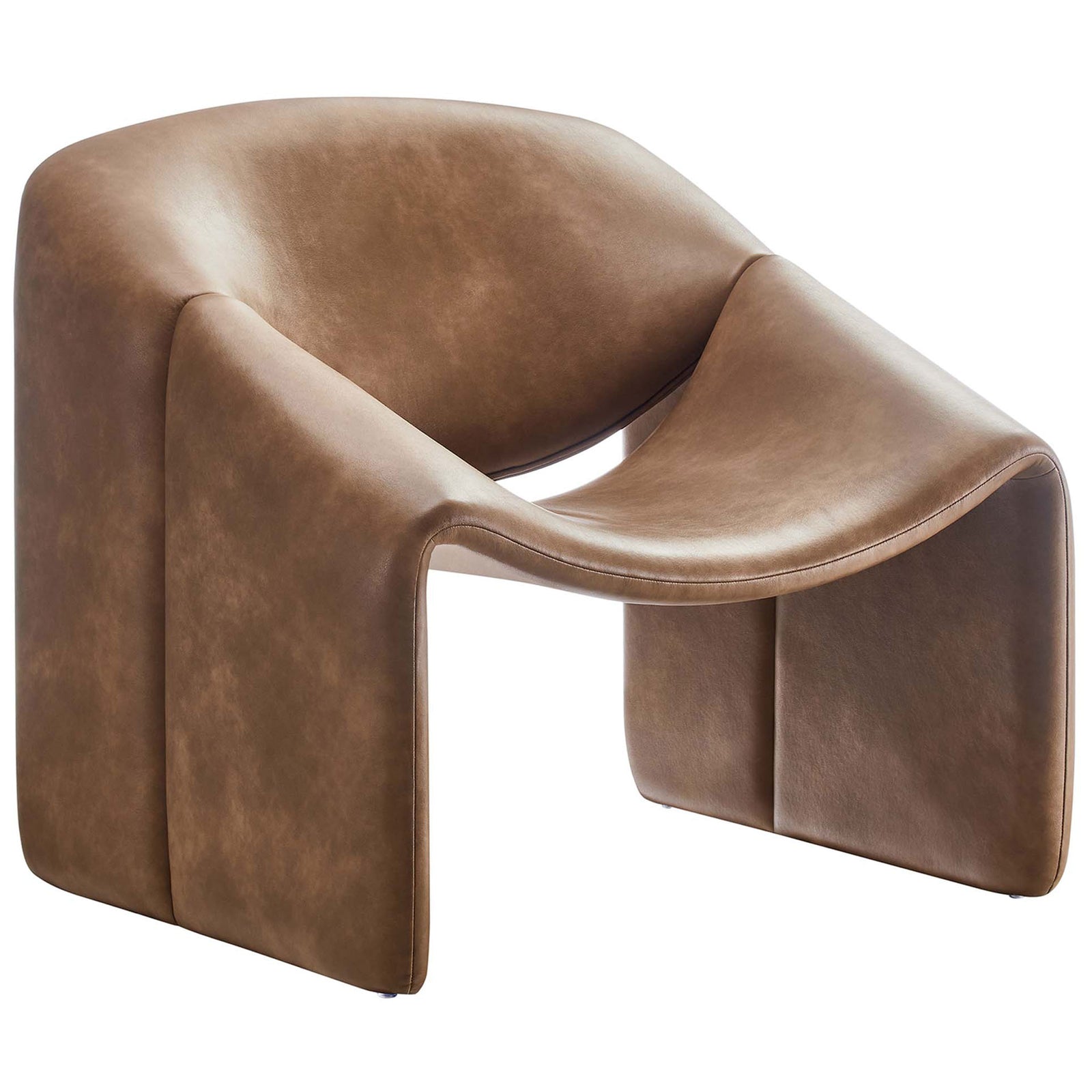 Curved accent chair showcases flowing lines and a contoured seat in brown vegan leather || EEI-6768-BRN || front_angle_studio