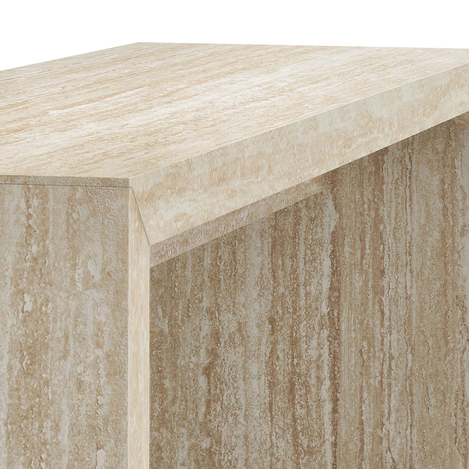 Crisp mitered edges and realistic veining elevate the faux travertine finish for a high-end look || EEI-6771-TRA || detail_studio