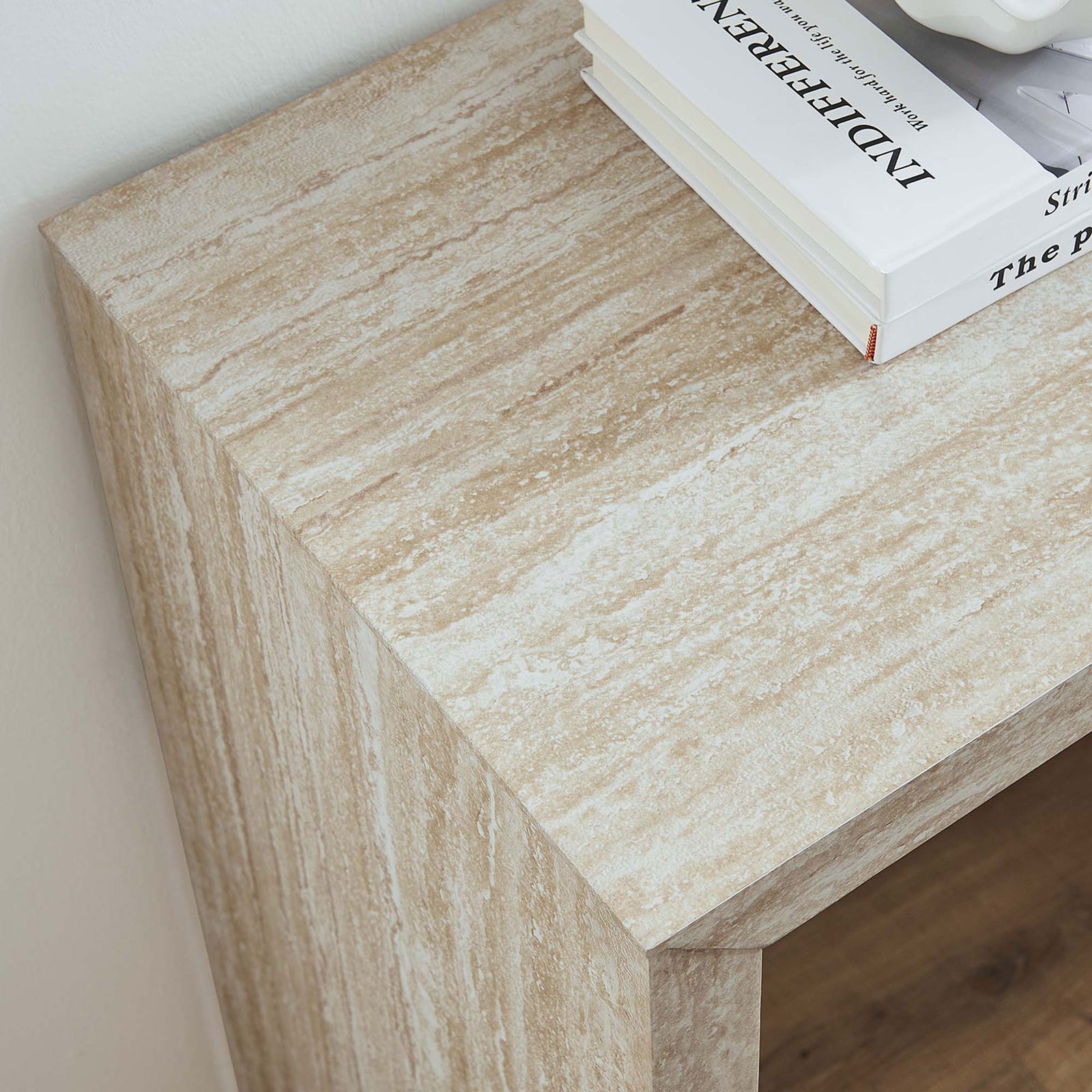 Textured faux travertine top adds organic warmth while resisting wear for everyday use || EEI-6771-TRA || detail_room