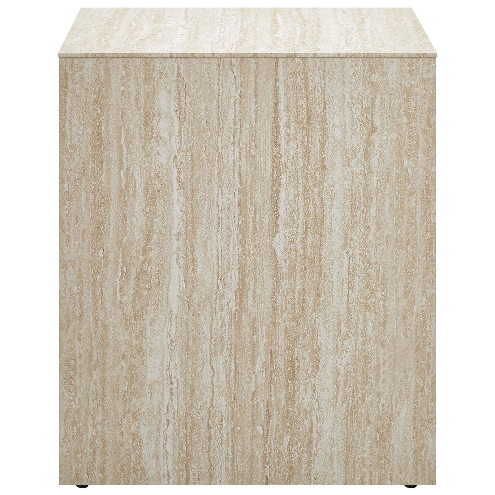 Faux travertine end table featuring a smooth waterfall panel with warm natural look veining and subtle texture || EEI-6772-TRA || side_studio