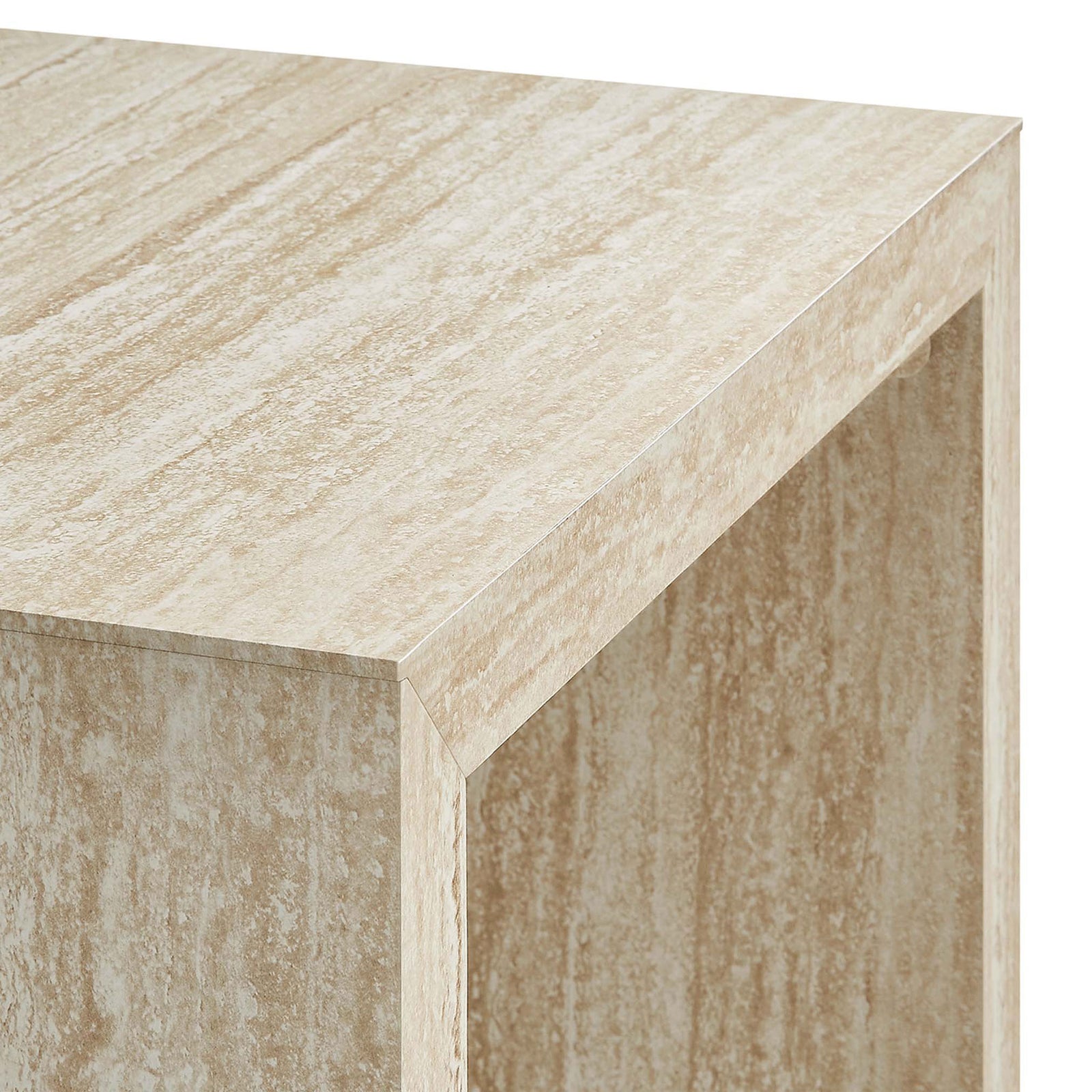 Refined mitered edges and realistic faux travertine grain add depth and texture to this side table || EEI-6772-TRA || detail_studio