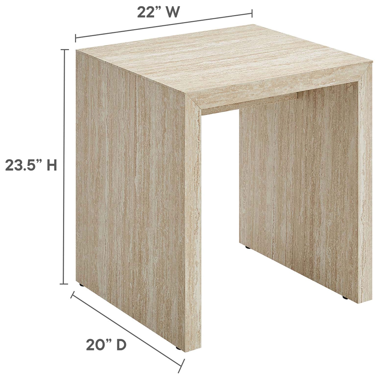 Dimension diagram of the Mirella faux travertine side table showing a 22 by 20 inch top and 23.5 inch height || EEI-6772-TRA || dimension_studio