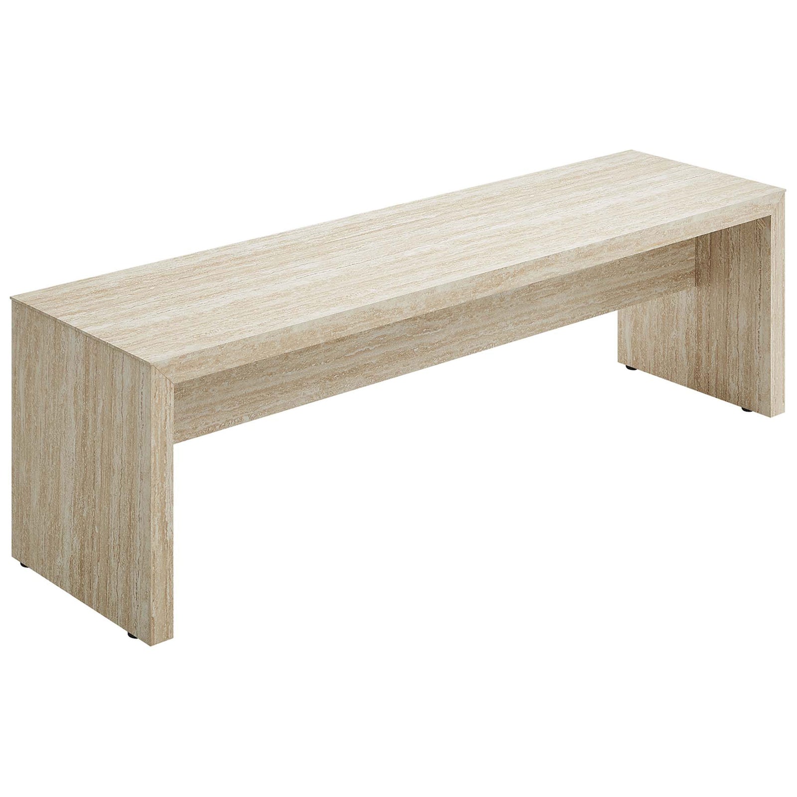Sleek travertine-look bench with clean lines and a sturdy middle apron for added stability || EEI-6773-TRA || front_angle_studio