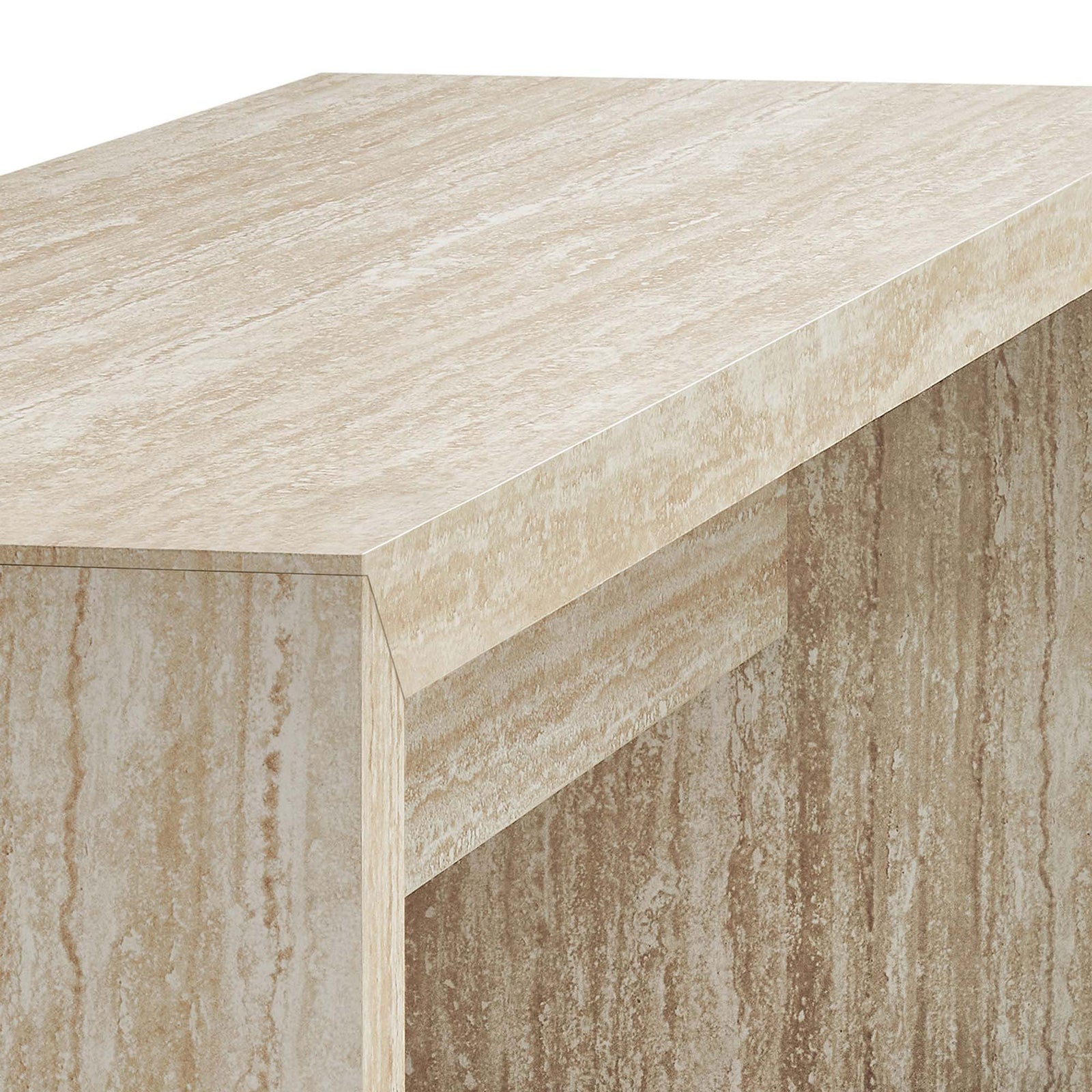 Stone-like veining and crisp edges highlight the refined faux travertine craftsmanship || EEI-6773-TRA || detail_studio