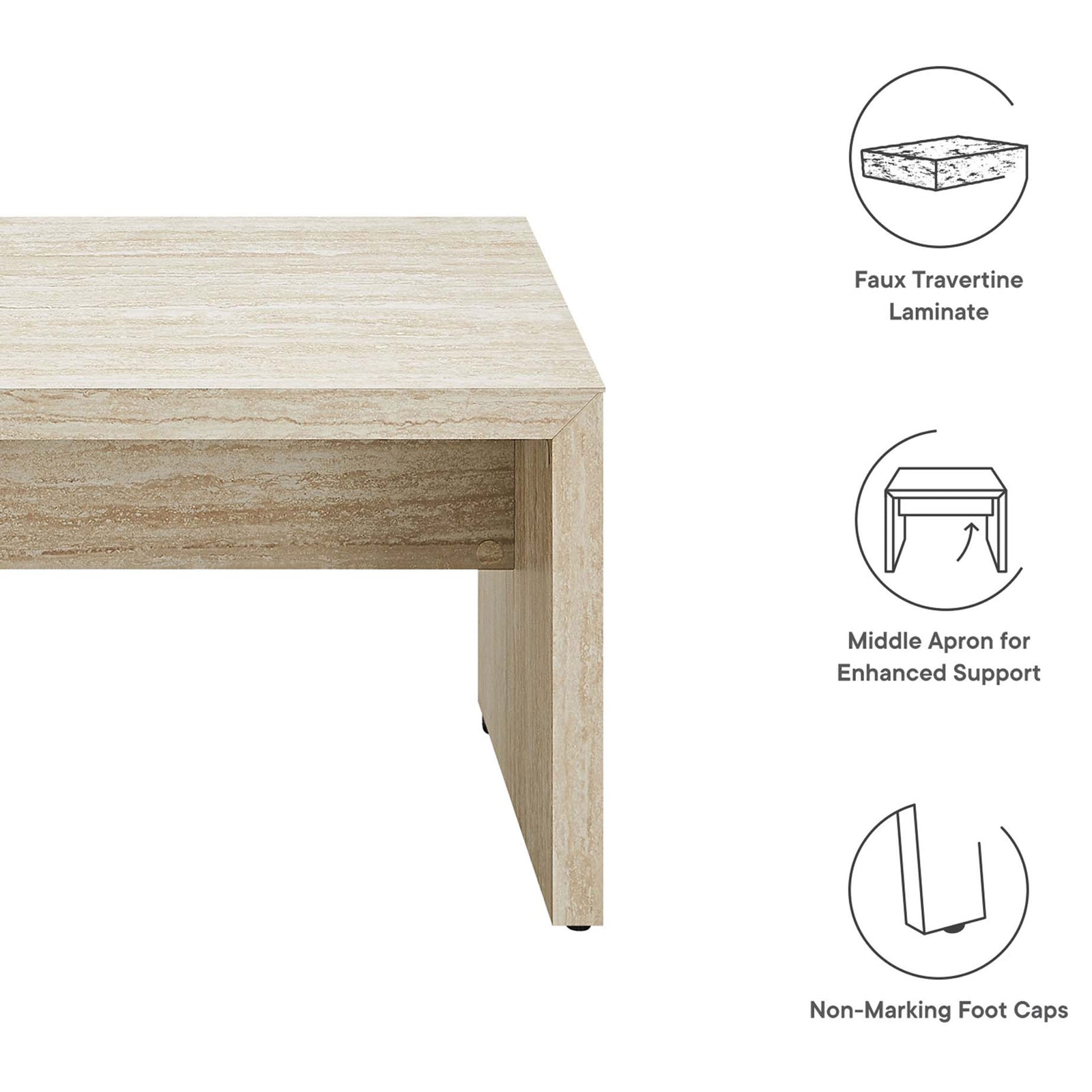 Faux travertine laminate, reinforced apron design, and non-marking foot caps for floors || EEI-6774-TRA || callout_studio