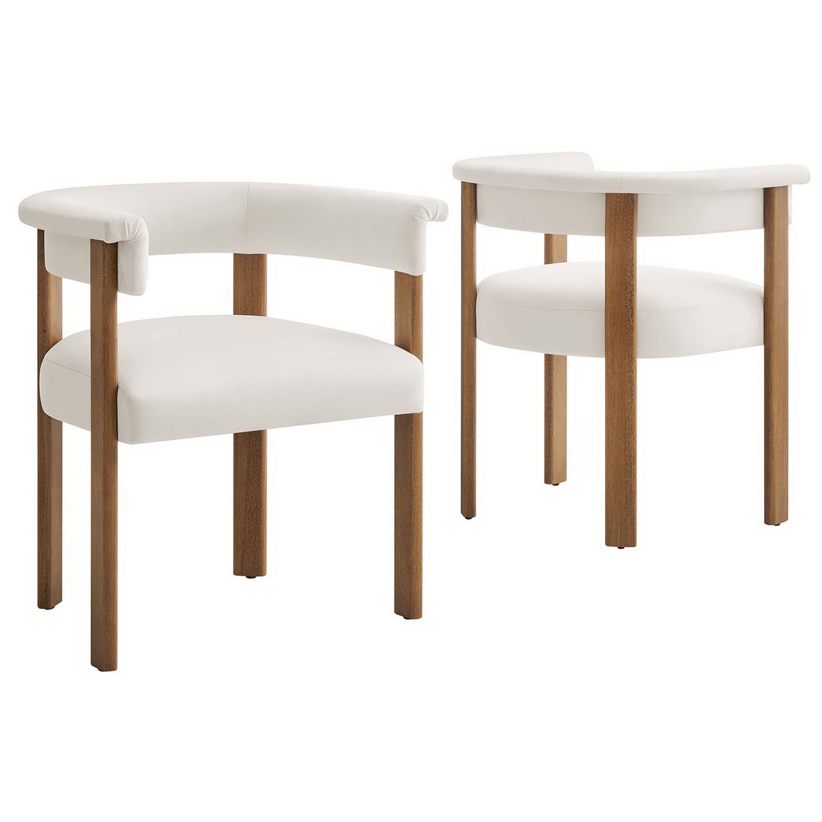 Set of two alabaster barrel dining chairs with performance velvet seats and deep brown wood legs. || EEI-6775-ALA-DBR || front_angle_multi_studio