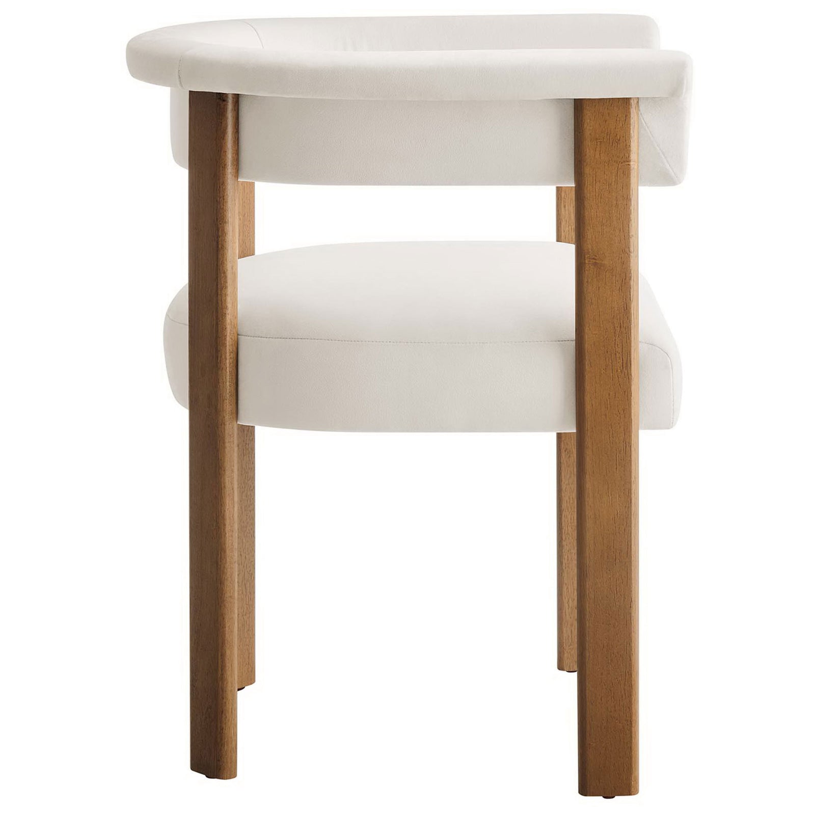 Sculptural open-back dining chair with wraparound barrel silhouette and tapered deep brown legs. || EEI-6775-ALA-DBR || side_partial_studio