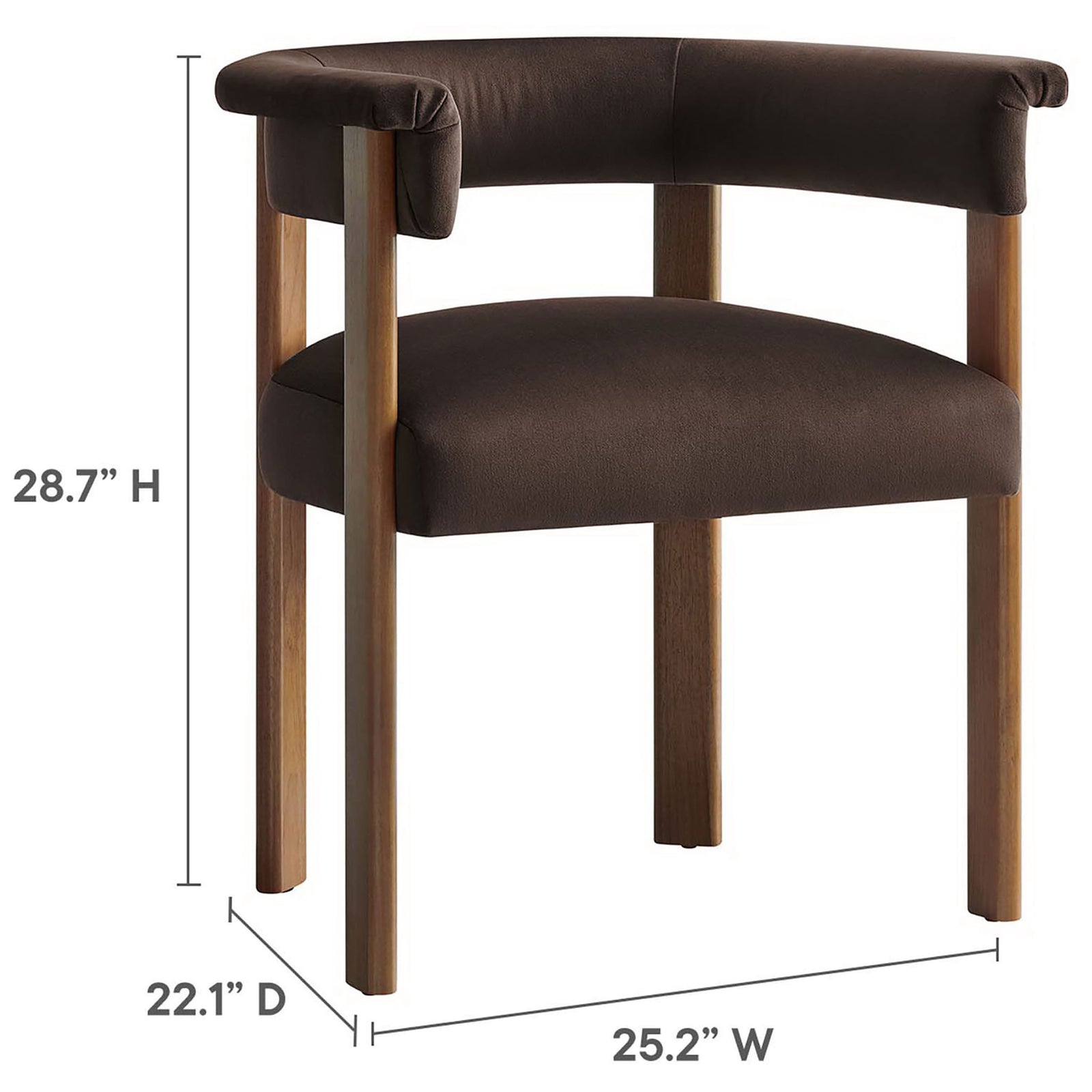 Chocolate brown barrel dining chair with compact footprint and clearly labeled dimensions || EEI-6775-CHB-DBR || dimension_studio