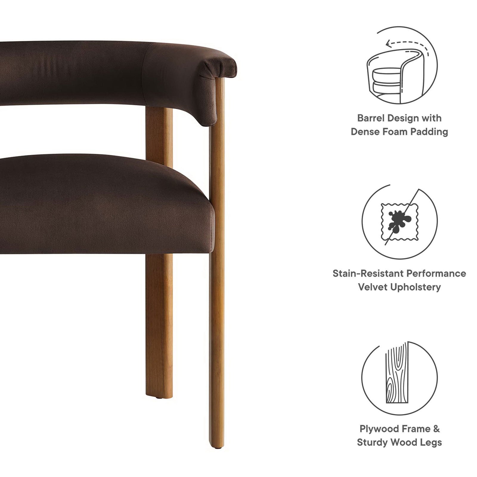 Barrel dining chair highlighting dense foam padding, stain-resistant velvet, and durable wood frame || EEI-6775-CHB-DBR || callout_studio