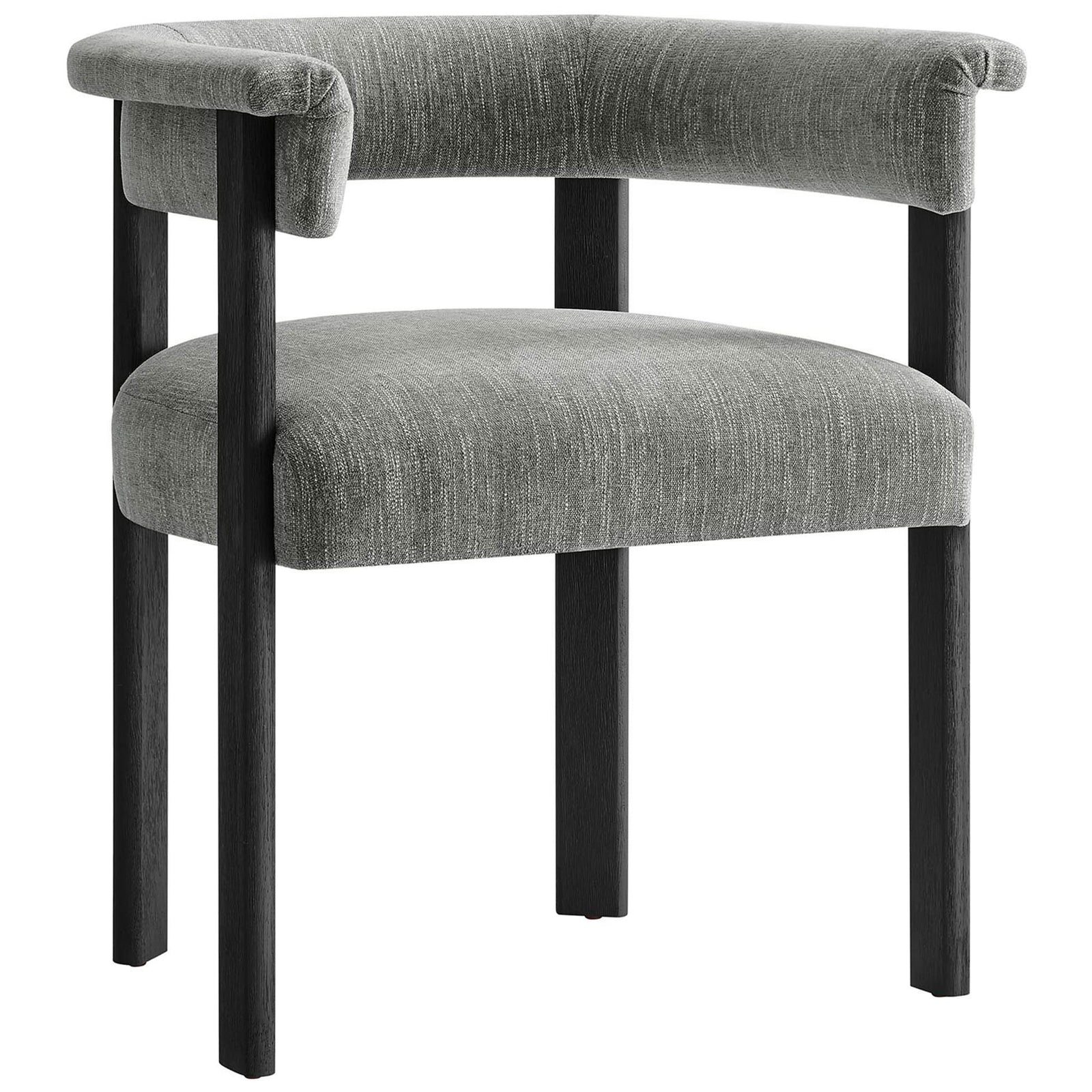 Imogen barrel dining chair offers modern curves, cozy gray upholstery, and sturdy black legs || EEI-6776-HEG-BLK || front_angle_studio