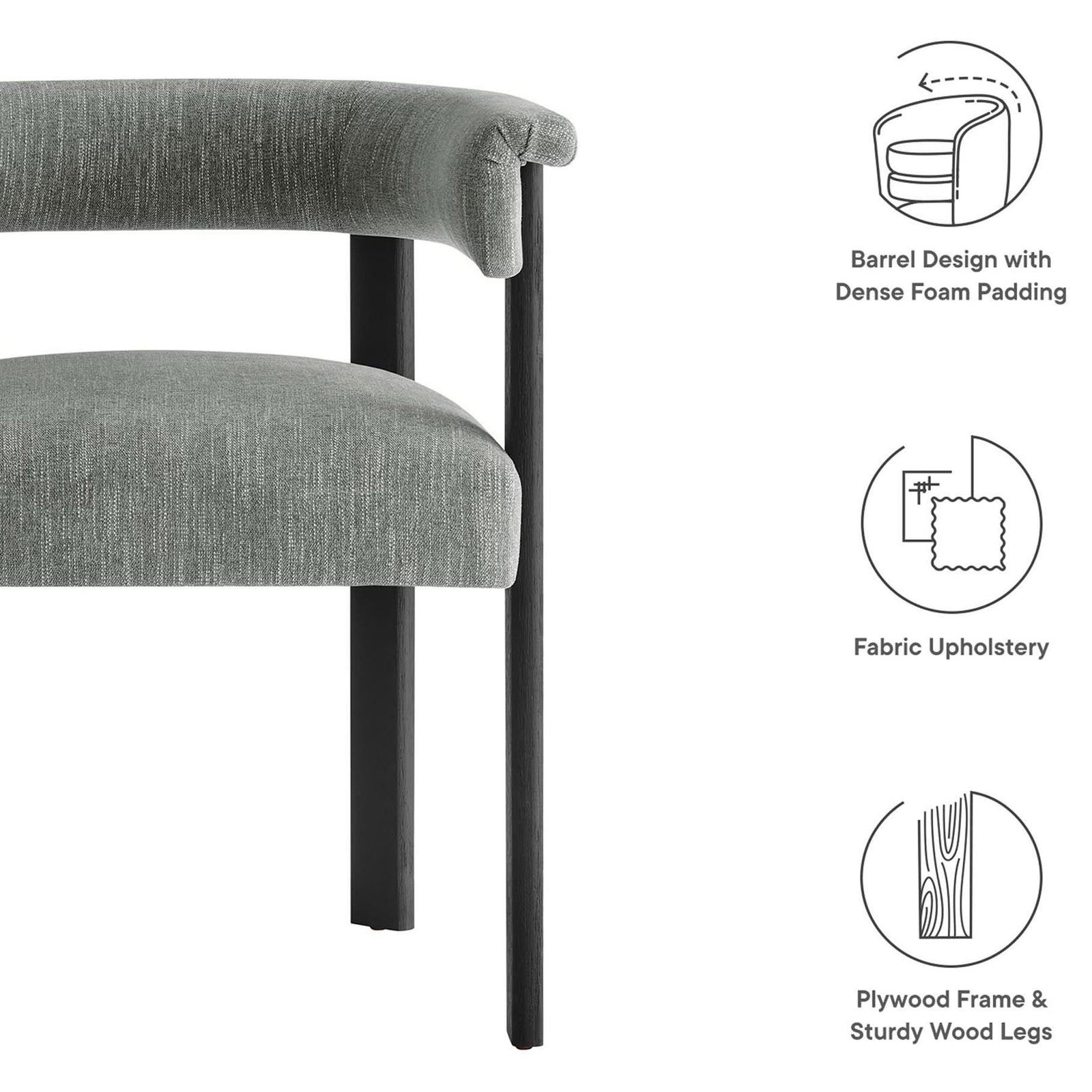 Feature highlights show dense foam padding, durable plywood frame, and smooth fabric upholstery || EEI-6776-HEG-BLK || callout_studio