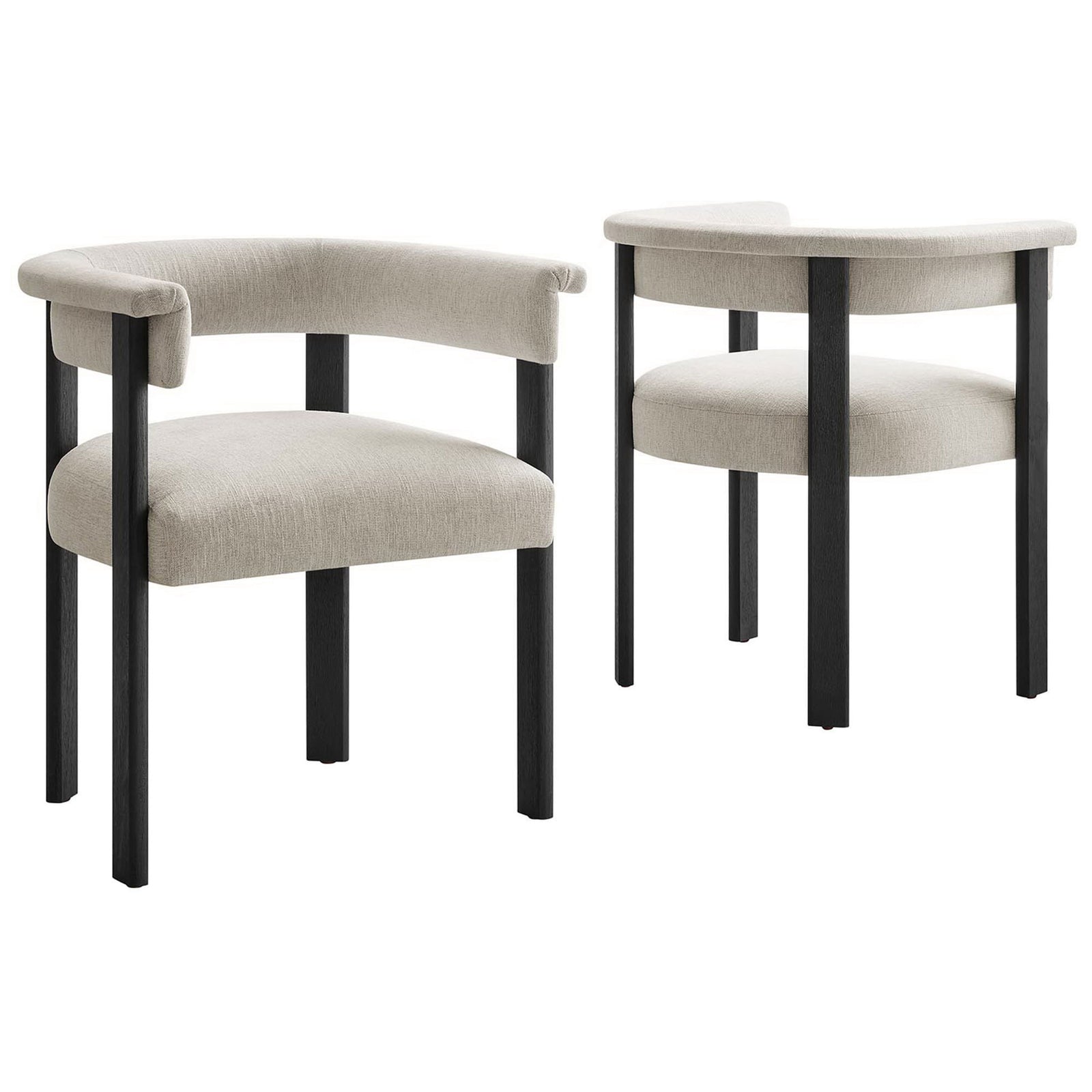 Set of two heathered ivory barrel dining chairs with bold black wood legs for modern spaces || EEI-6776-HEI-BLK || front_angle_multi_studio