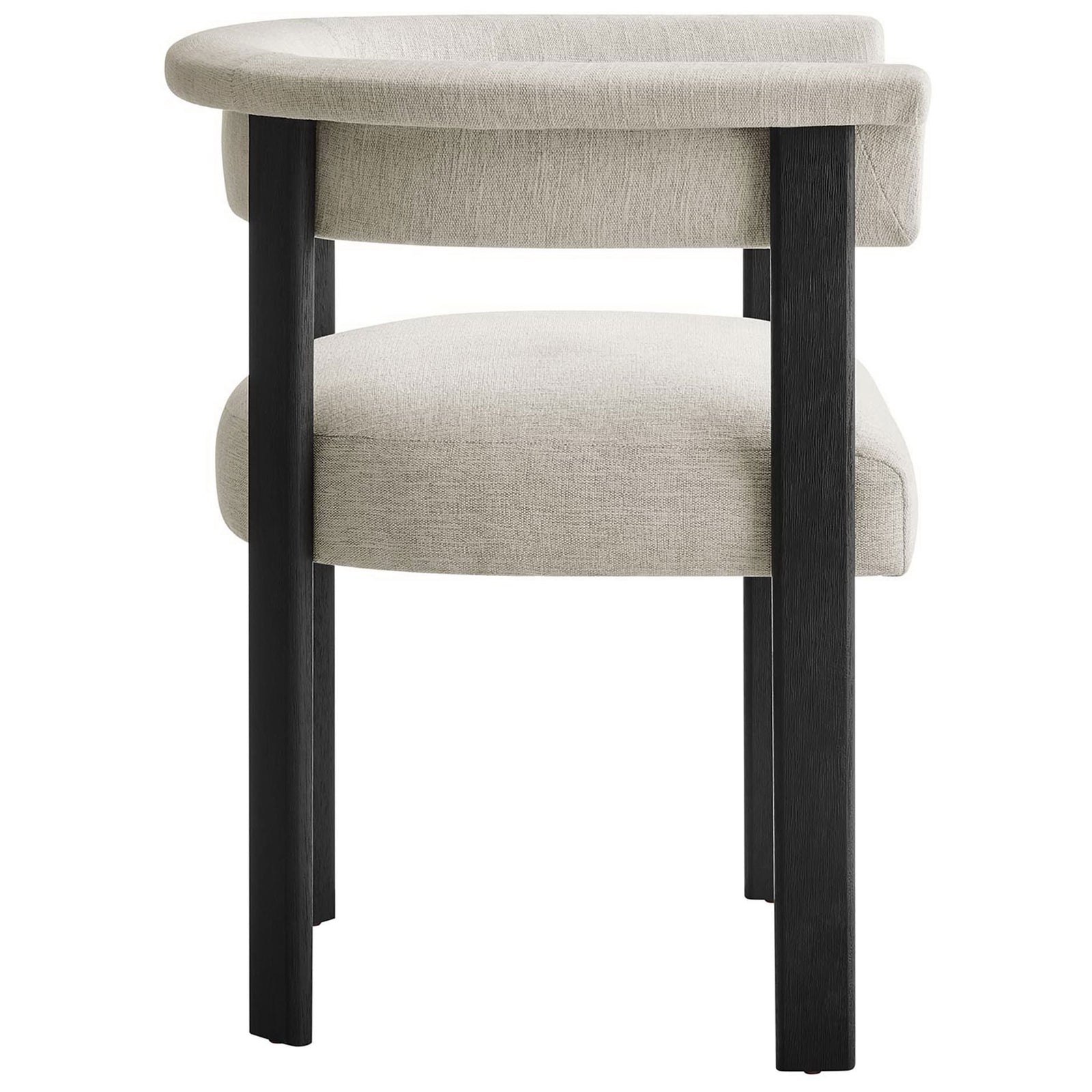 Curved barrel back and open frame highlight the sculptural lines of this upholstered dining chair || EEI-6776-HEI-BLK || back_studio