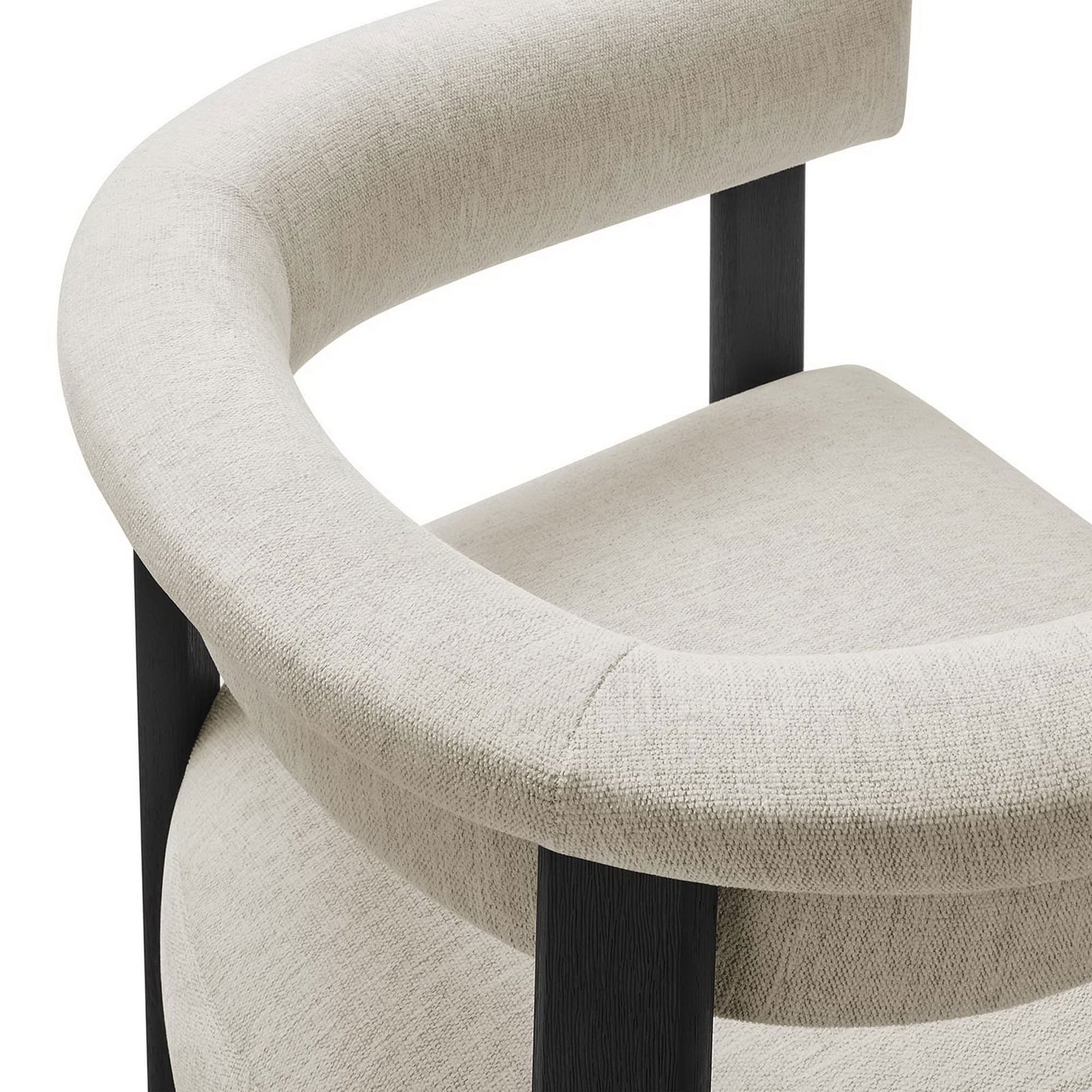 Textured heathered ivory fabric and plush foam cushioning wrap the smooth curve of the barrel back || EEI-6776-HEI-BLK || detail_studio