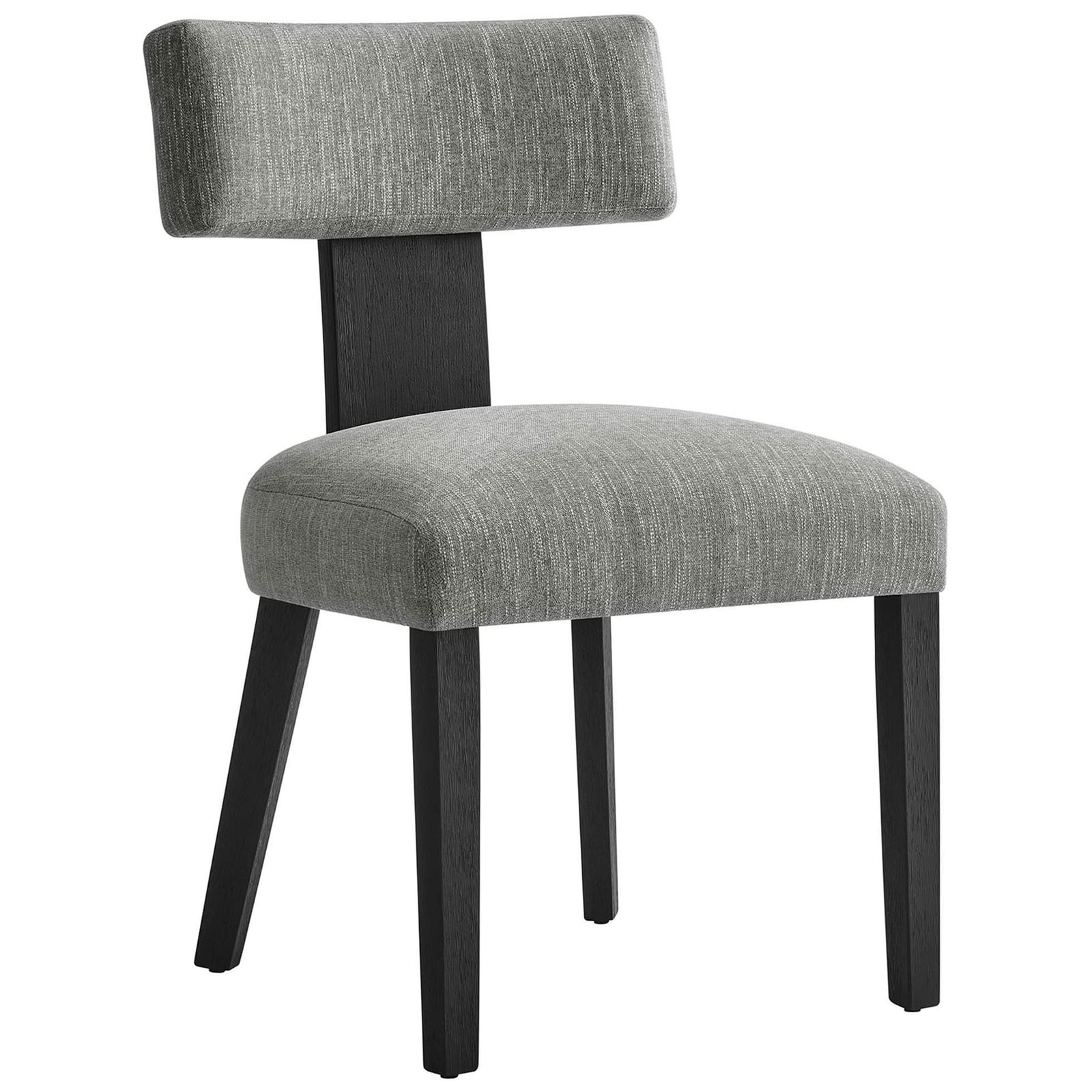 Gray upholstered dining chair with curved cushioned back and sturdy black wood legs || EEI-6777-HEG-BLK || front_angle_studio